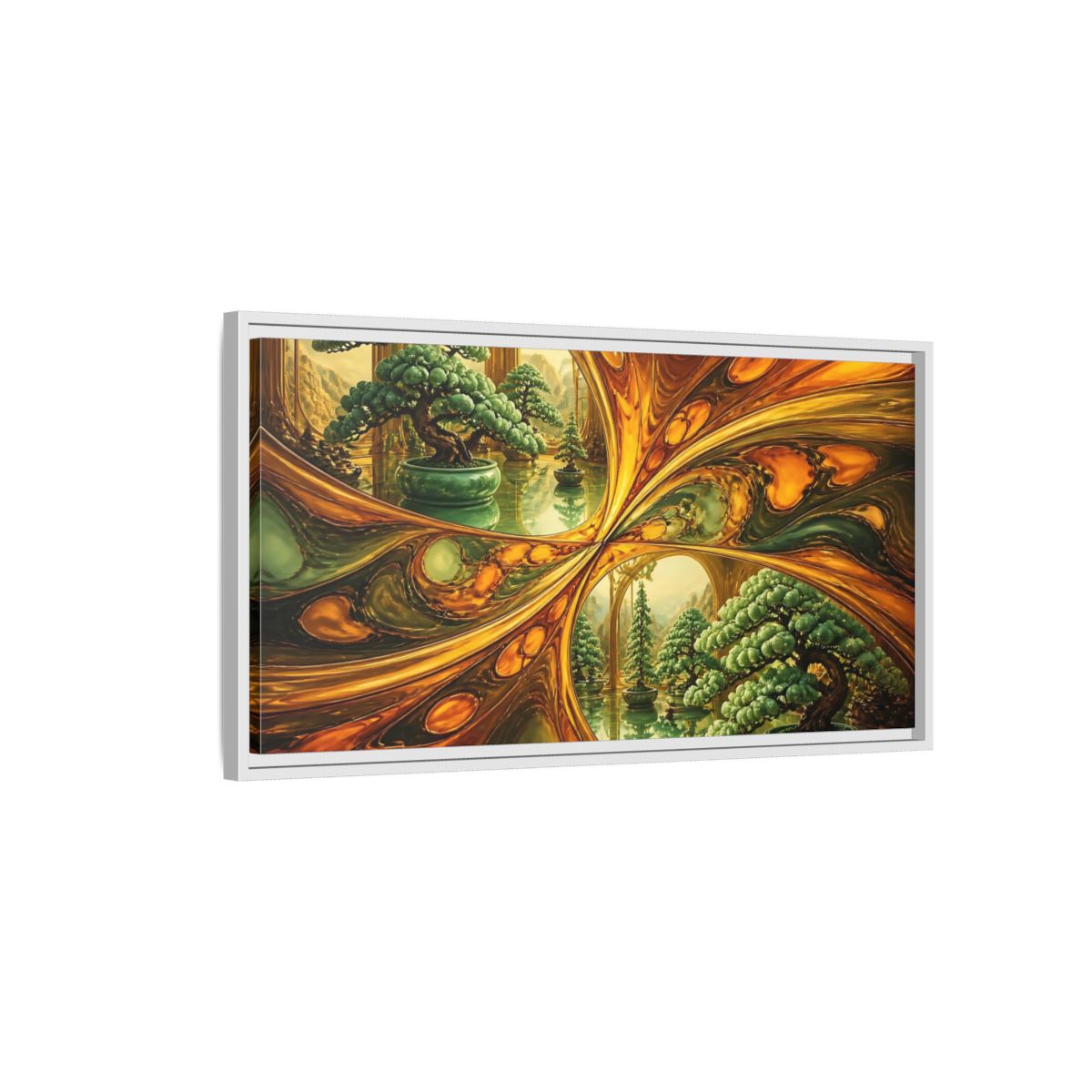 Side Mockup 1. Amber Mirror Bonsai Garden shown as framed canvas print