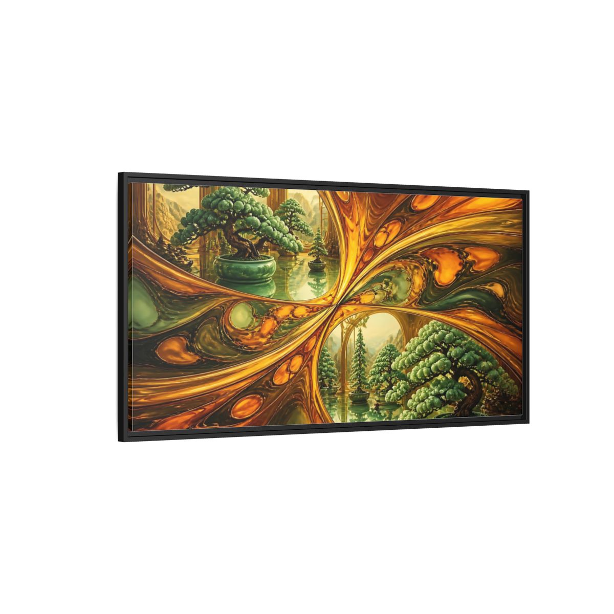 Side Mockup 5. Amber Mirror Bonsai Garden shown as framed canvas print