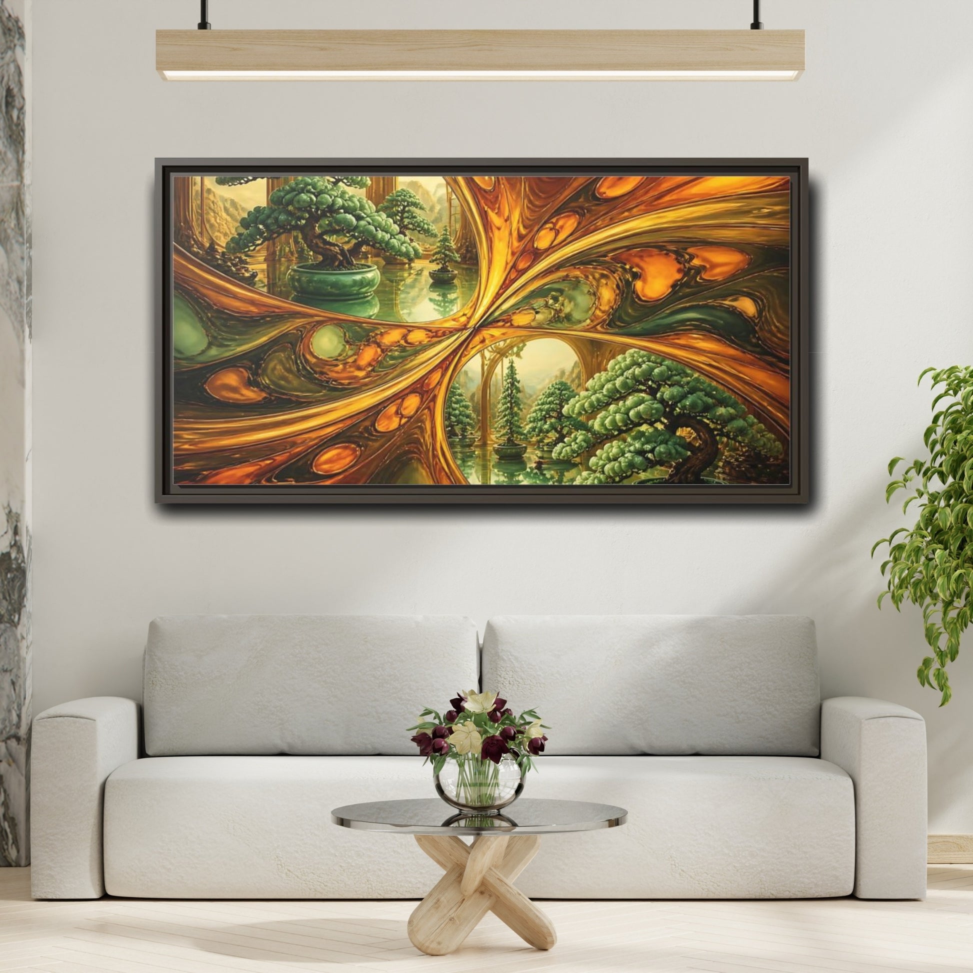 Mockup 2. Amber Mirror Bonsai Garden shown as framed canvas print