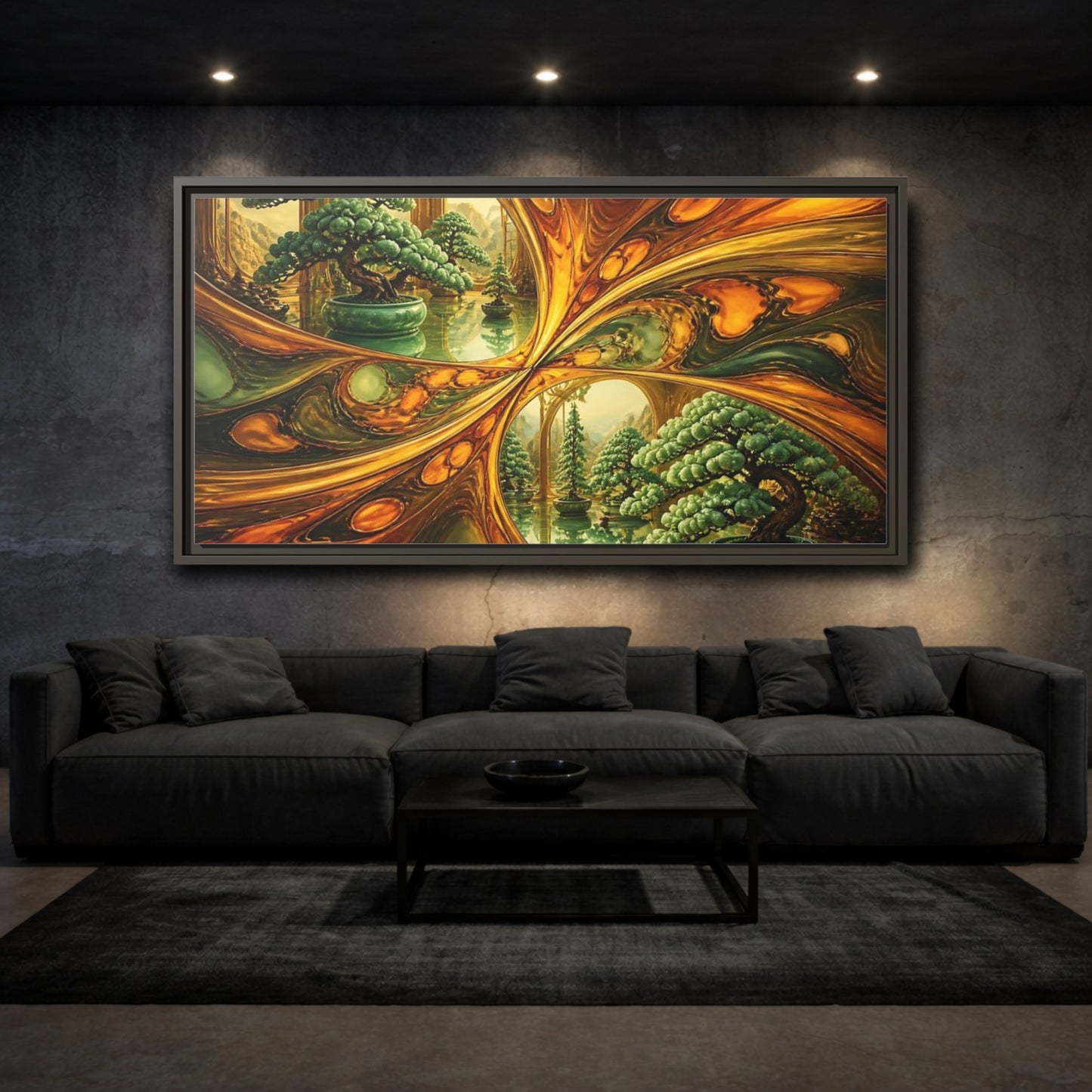 Mockup 3. Amber Mirror Bonsai Garden shown as framed canvas print