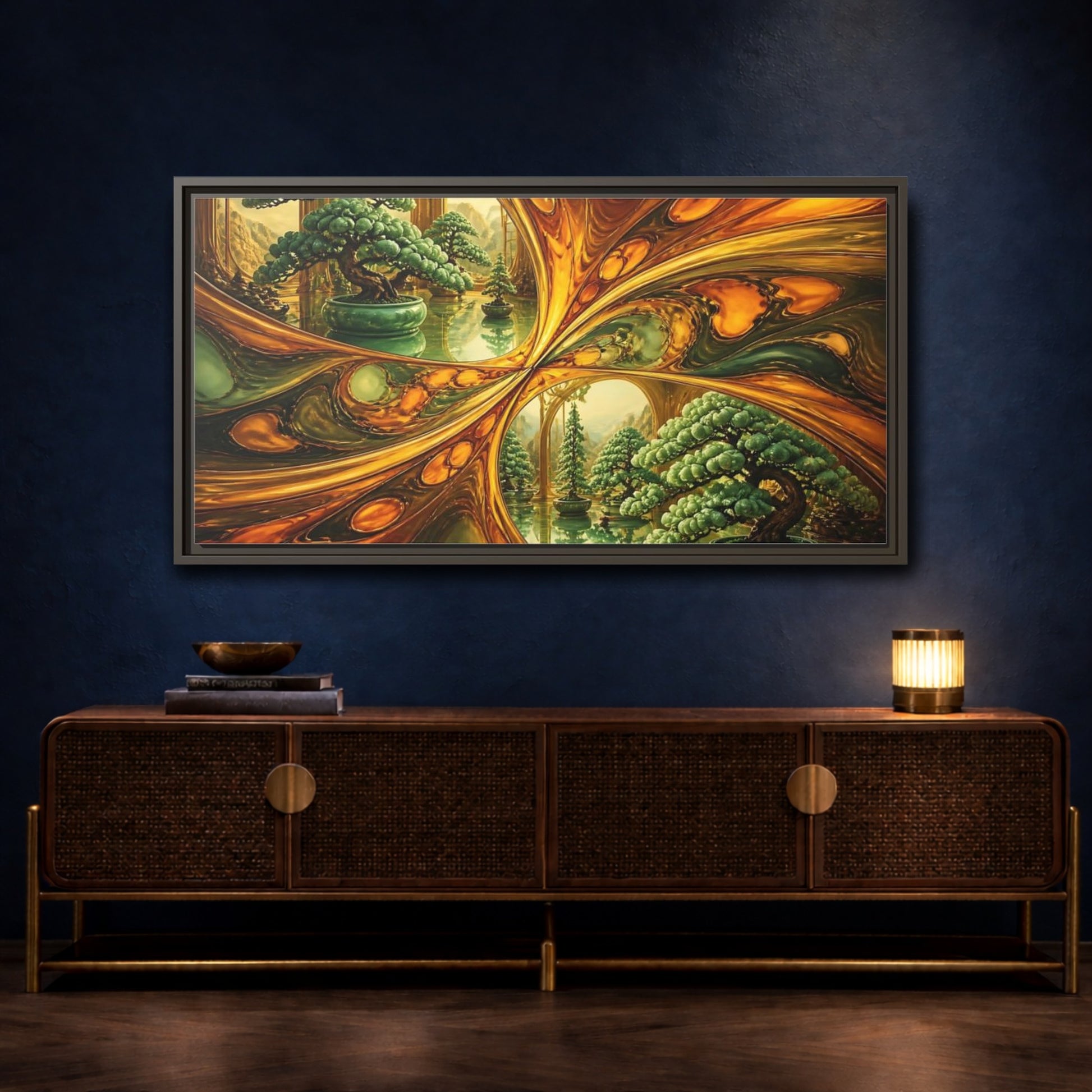 Mockup 4. Amber Mirror Bonsai Garden shown as framed canvas print