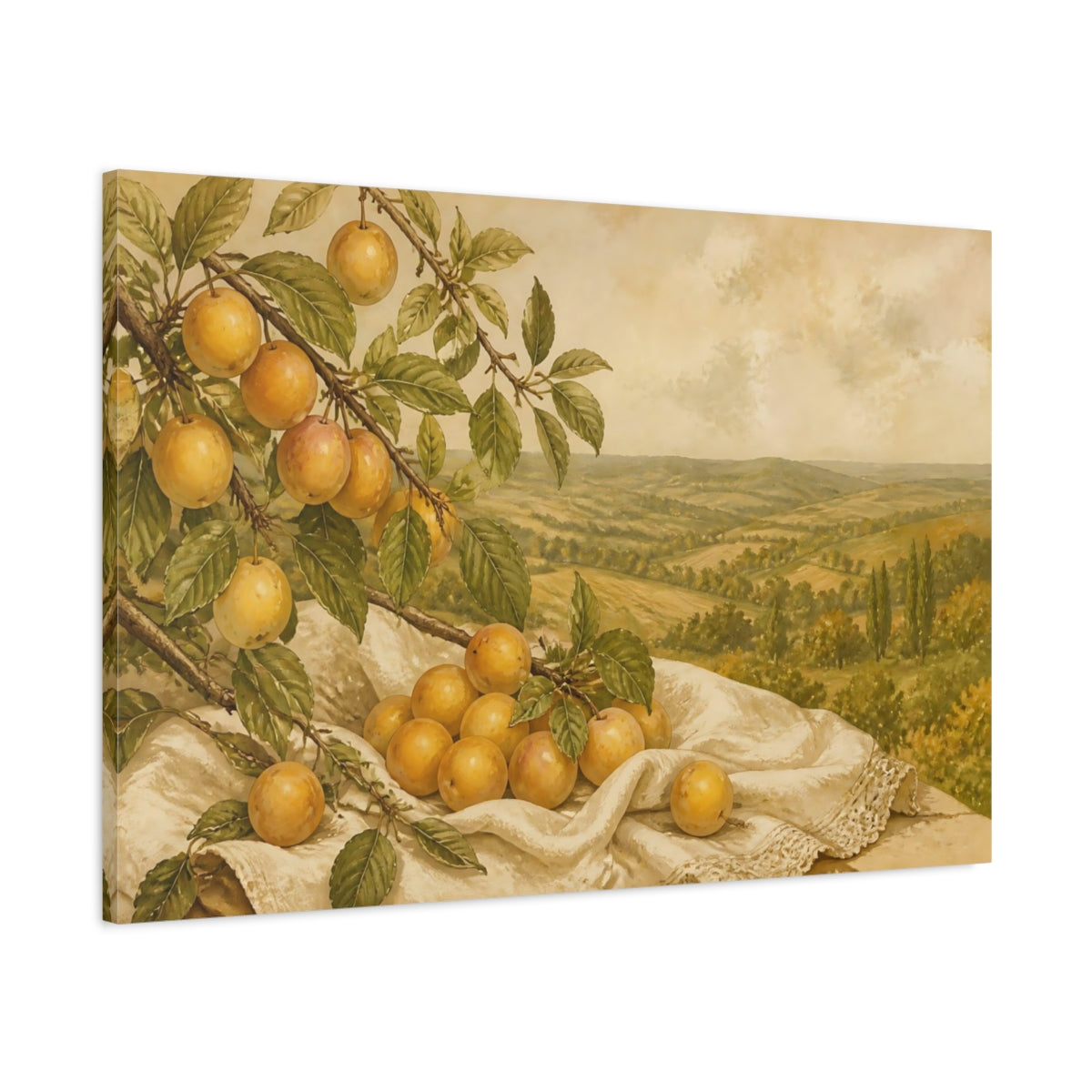 Main Mockup. Amber Plums On Linen shown as canvas print