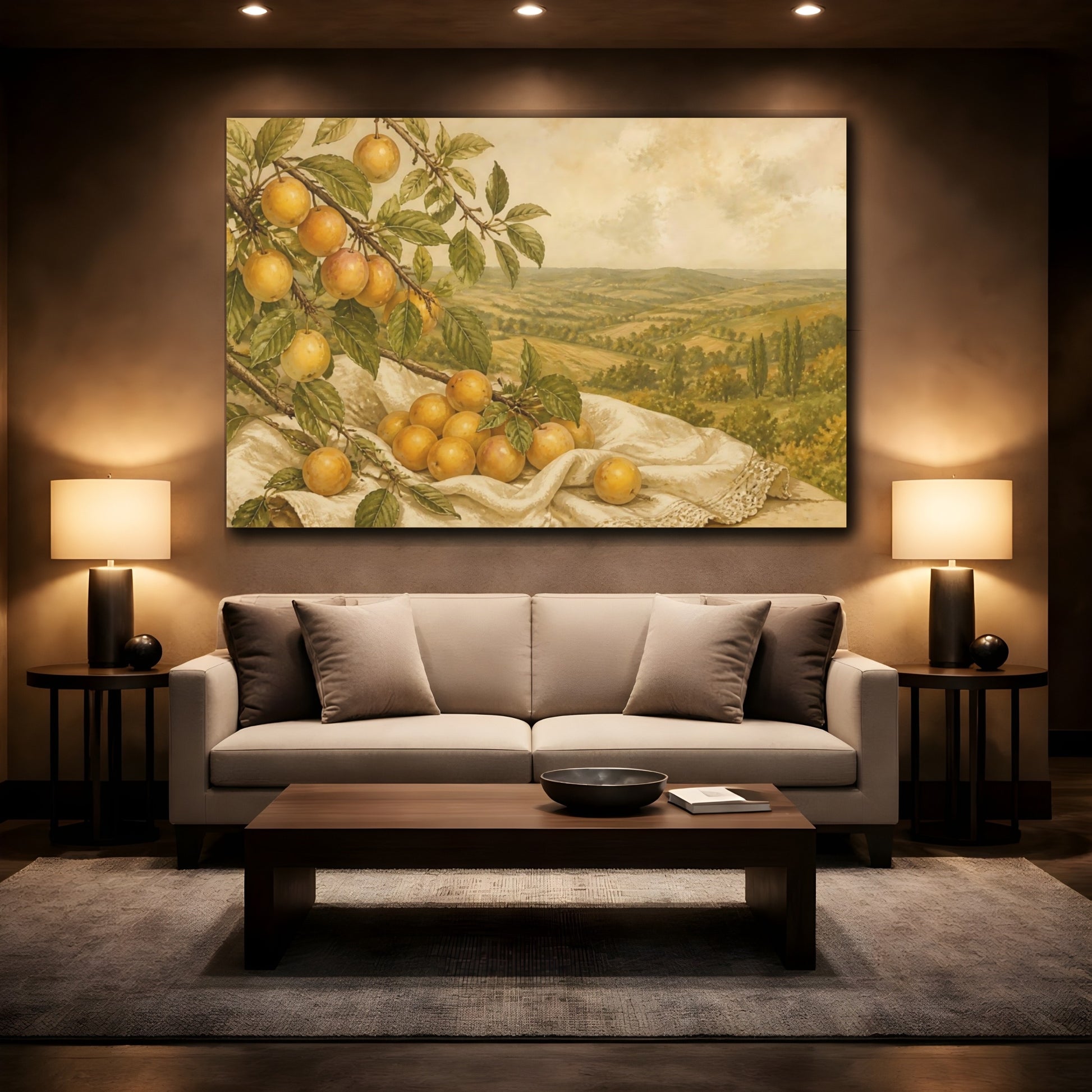 Mockup 2. Amber Plums On Linen shown as canvas print
