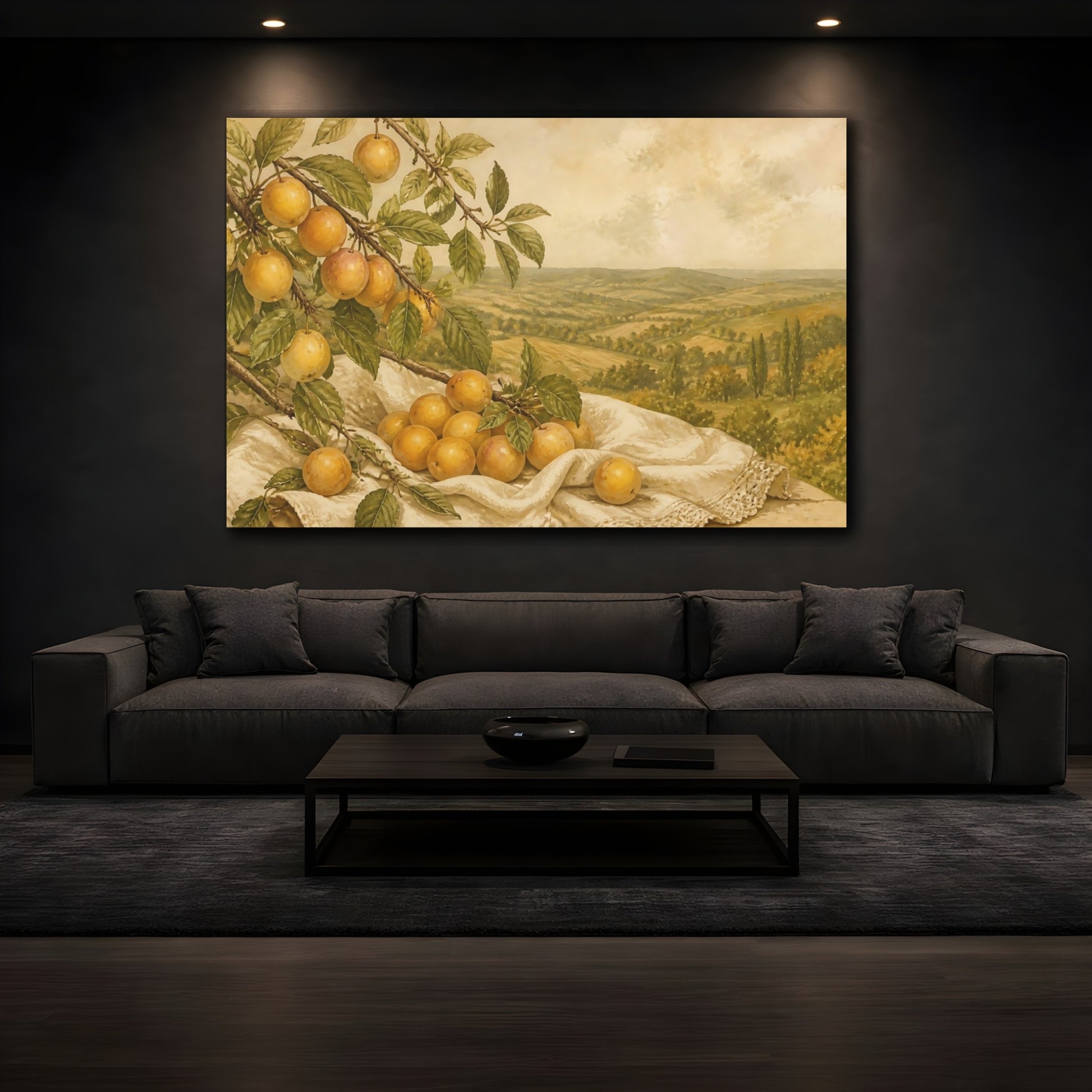 Mockup 3. Amber Plums On Linen shown as canvas print