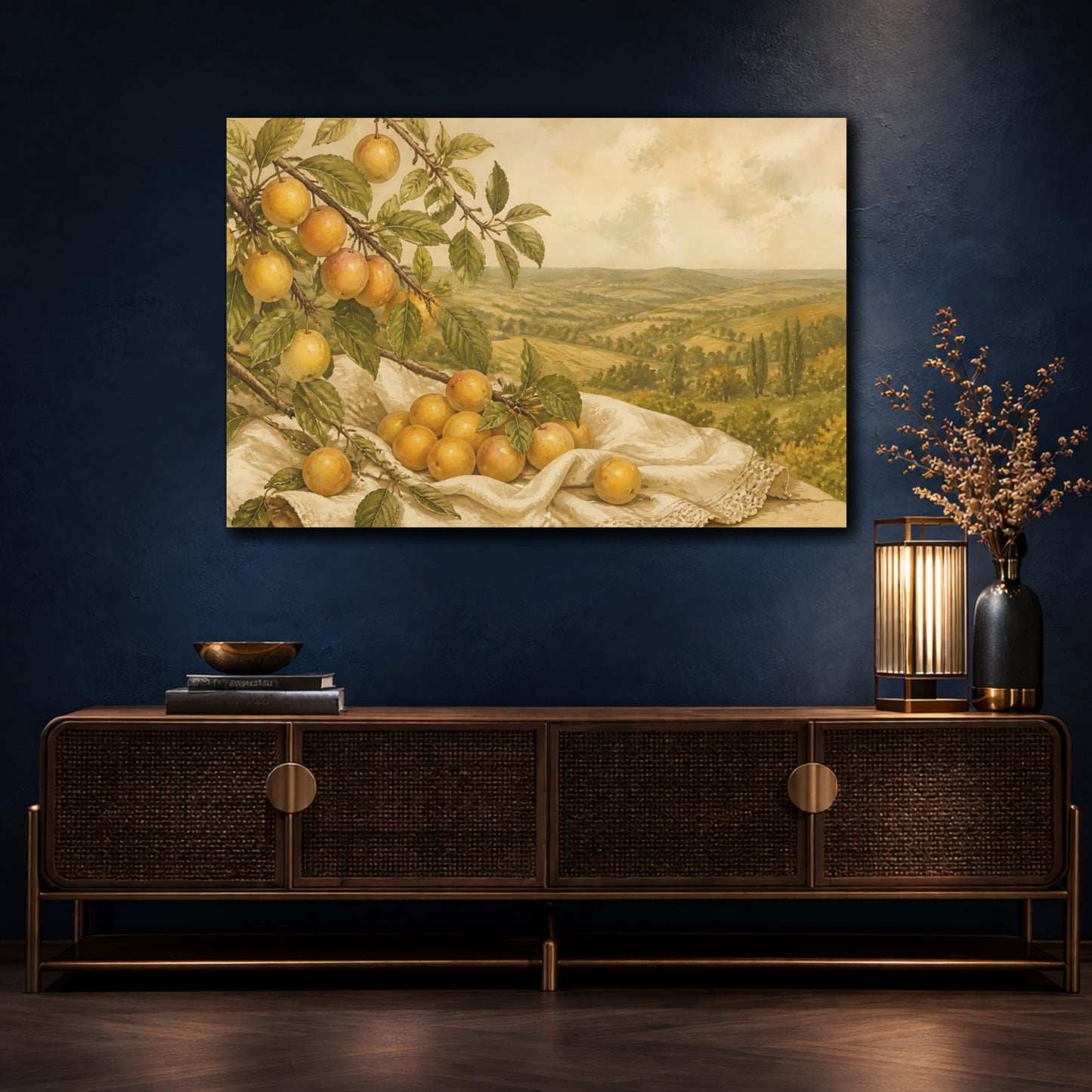 Mockup 4. Amber Plums On Linen shown as canvas print