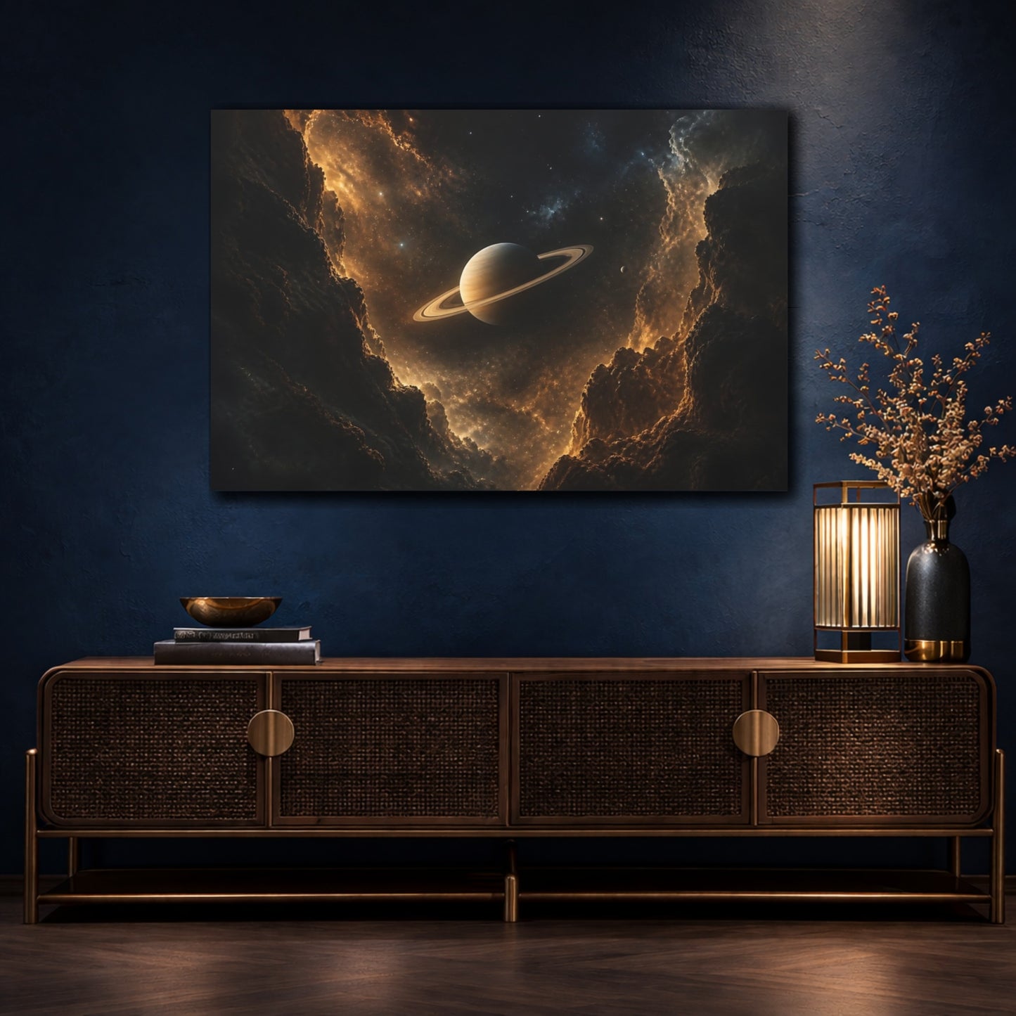 Mockup 4. Amber Ringed Saturn shown as canvas print