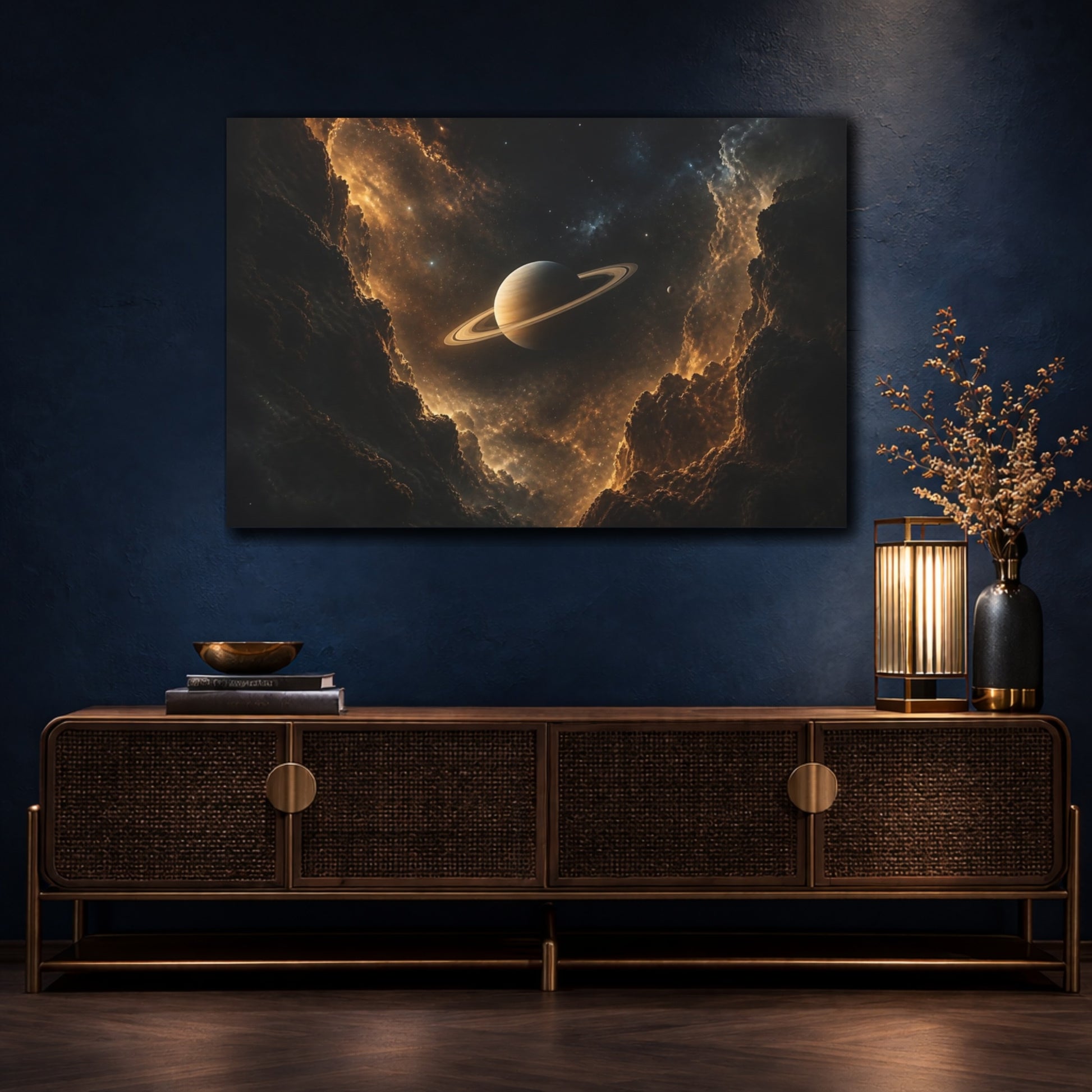 Mockup 4. Amber Ringed Saturn shown as canvas print