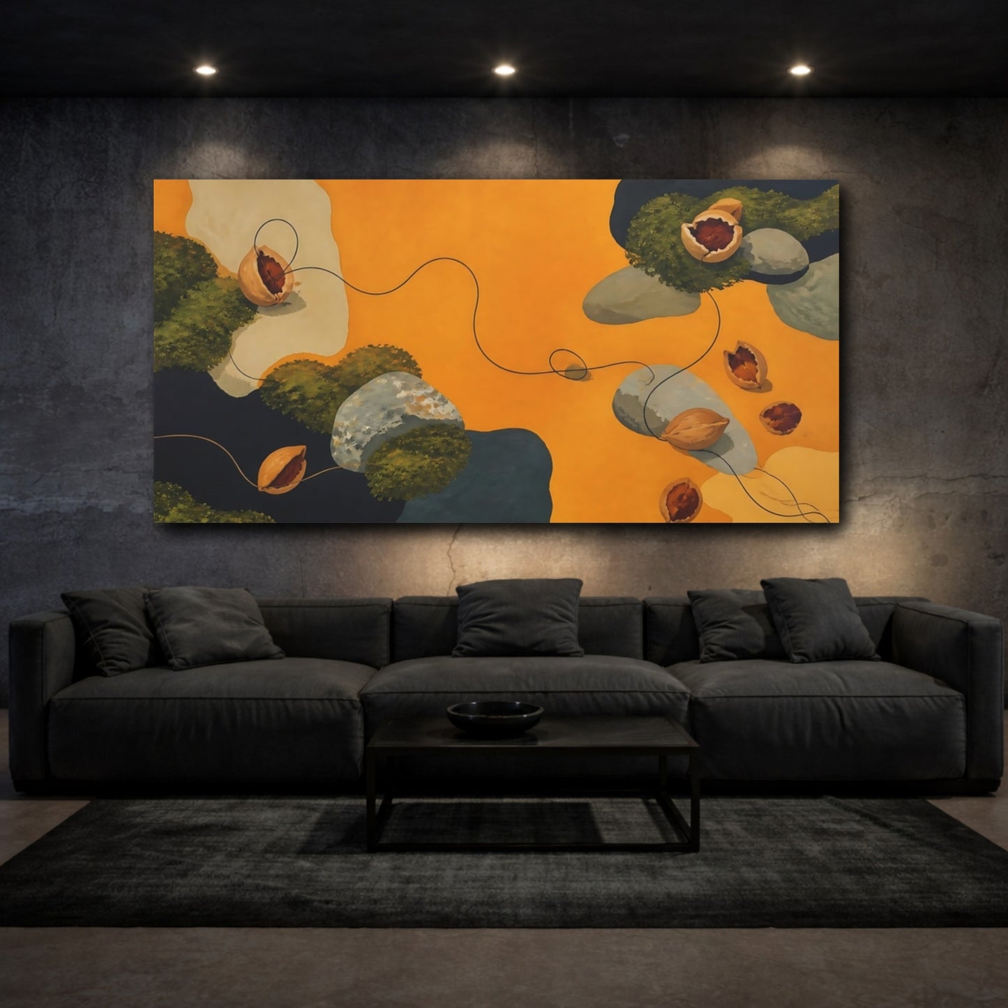Mockup 3. Amber Seed Pods And Stones shown as canvas print