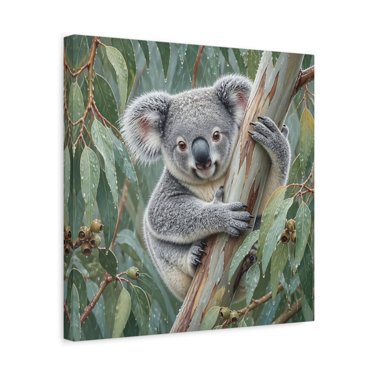 Side Mockup 6. Animal Koala In Rainy Eucalyptus shown as canvas print