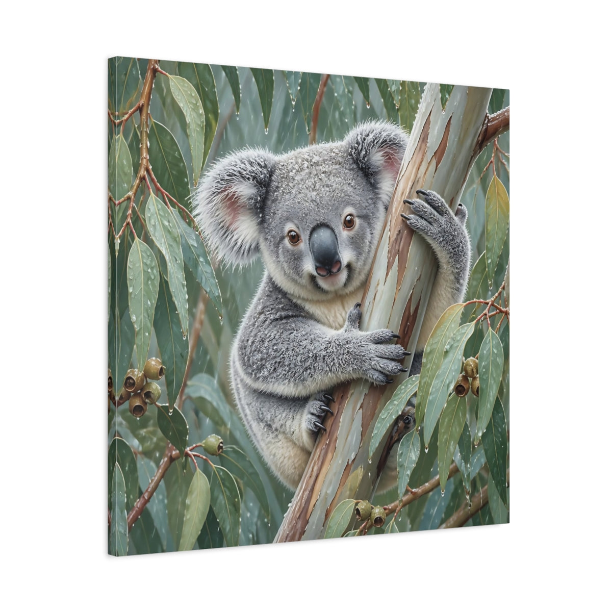 Side Mockup 3. Animal Koala In Rainy Eucalyptus shown as canvas print