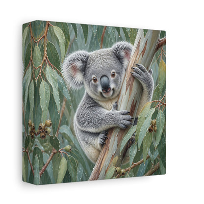 Side Mockup 2. Animal Koala In Rainy Eucalyptus shown as canvas print