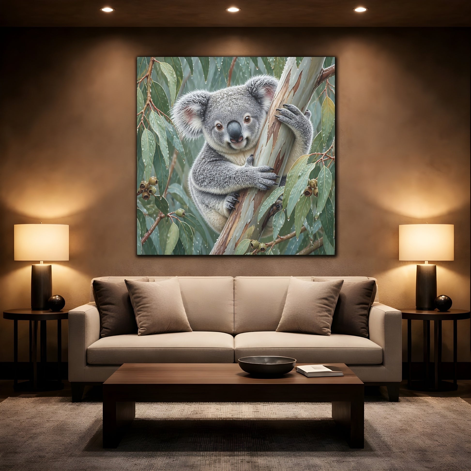 Mockup 2. Animal Koala In Rainy Eucalyptus shown as canvas print