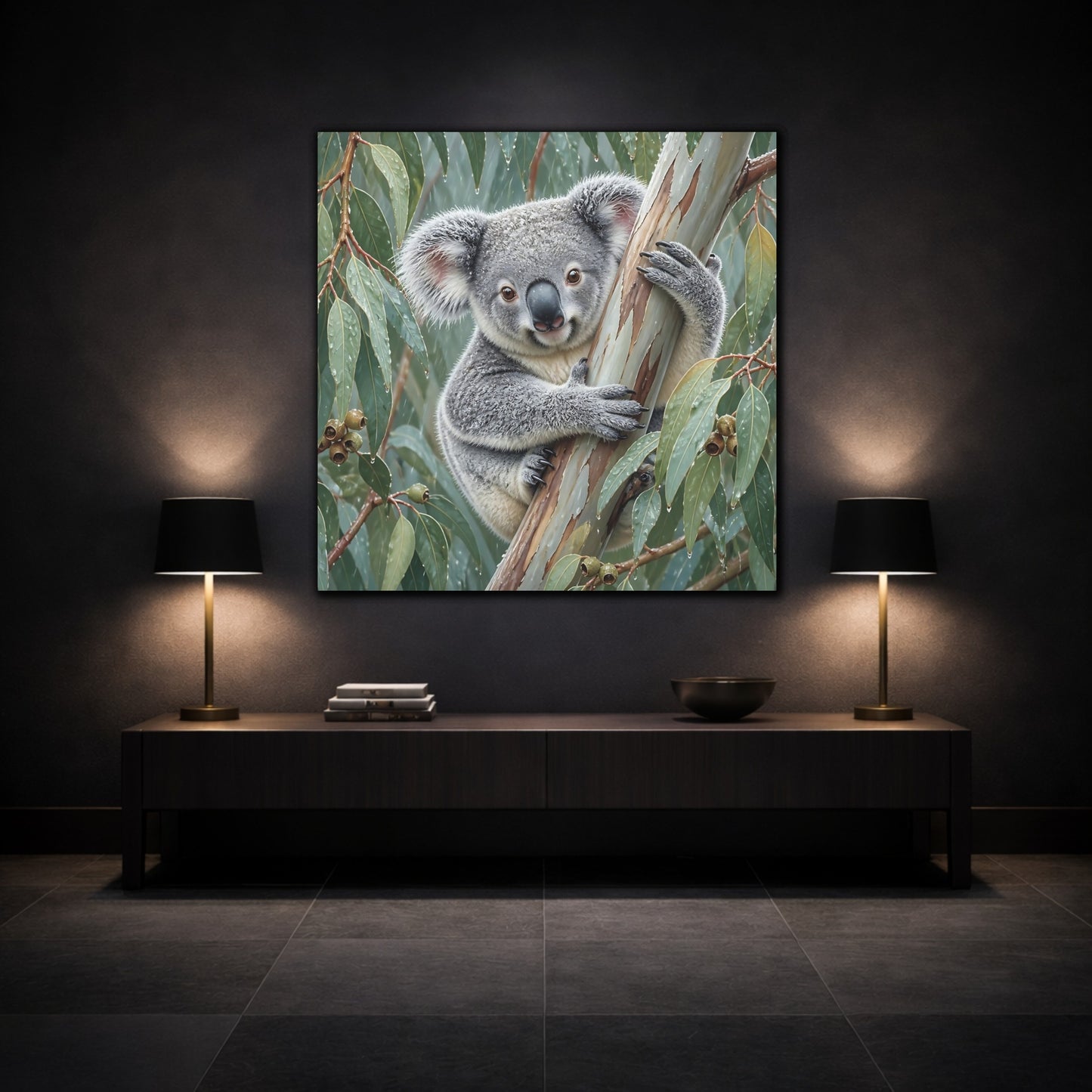 Mockup 3. Animal Koala In Rainy Eucalyptus shown as canvas print