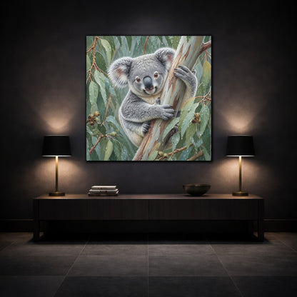 Mockup 3. Animal Koala In Rainy Eucalyptus shown as canvas print