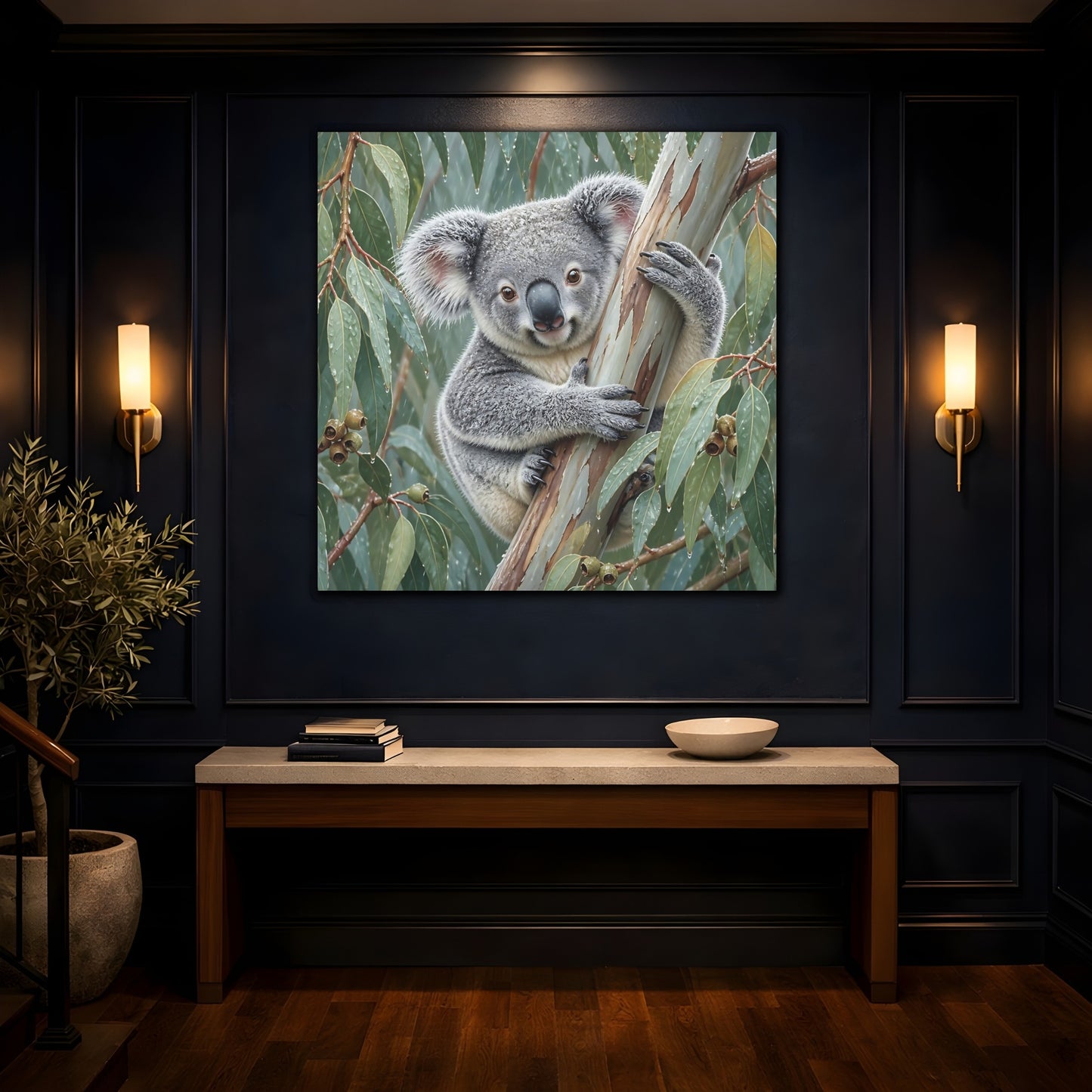 Mockup 4. Animal Koala In Rainy Eucalyptus shown as canvas print