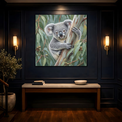 Mockup 4. Animal Koala In Rainy Eucalyptus shown as canvas print