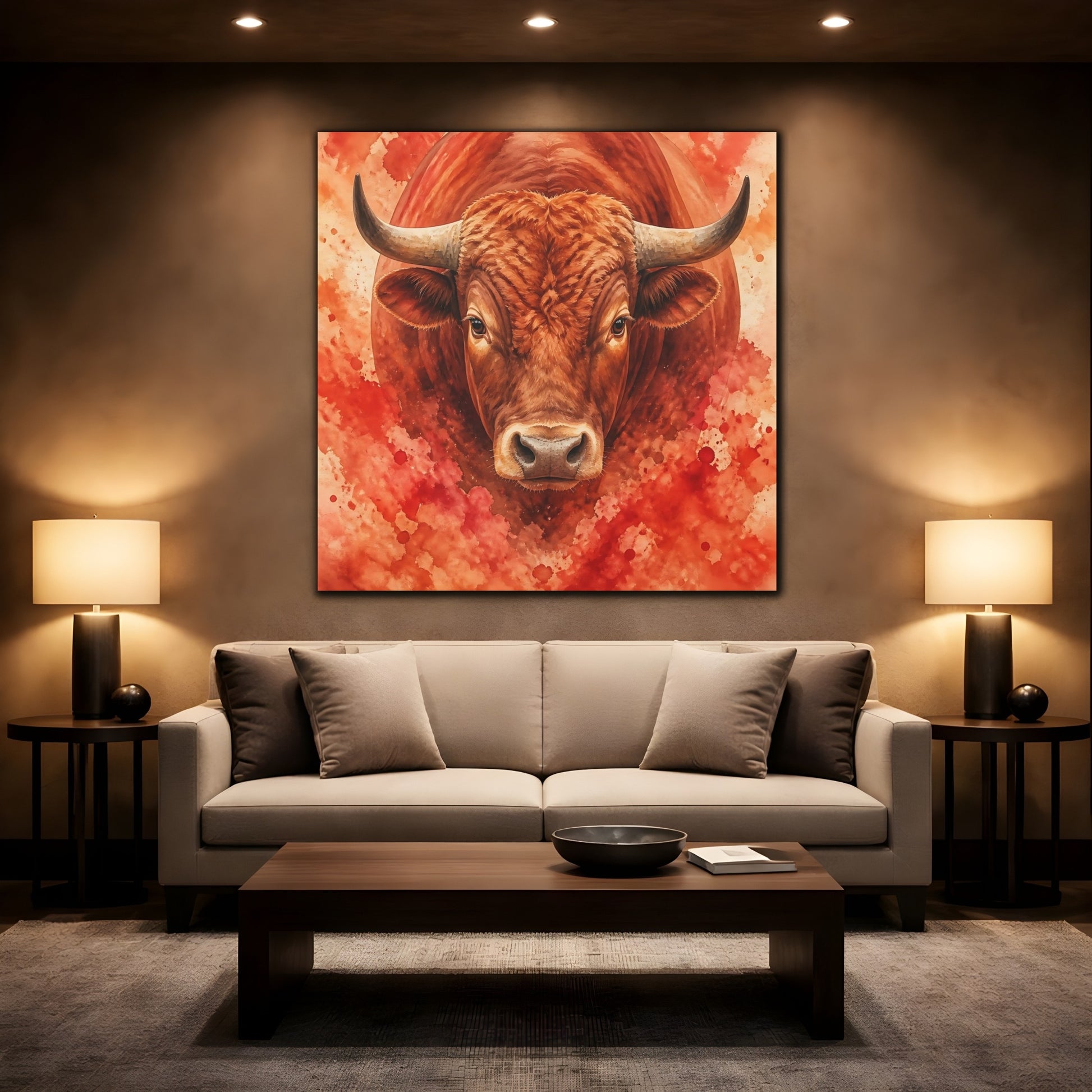 Mockup 2. Animal Rust Red Bull Portrait shown as canvas print