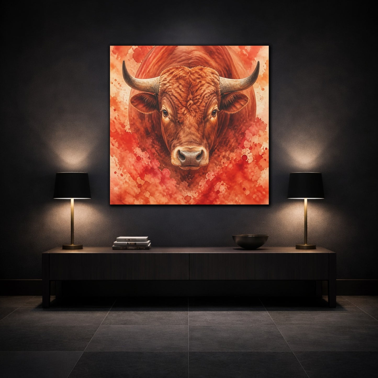 Mockup 3. Animal Rust Red Bull Portrait shown as canvas print