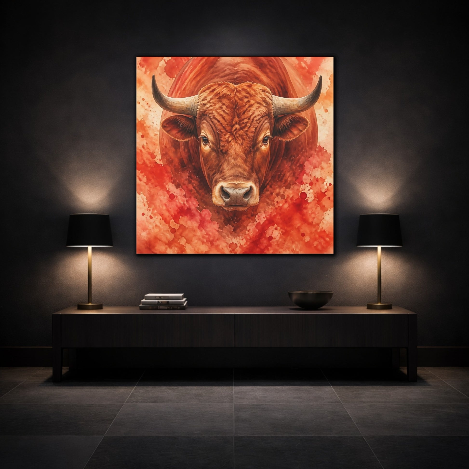 Mockup 3. Animal Rust Red Bull Portrait shown as canvas print