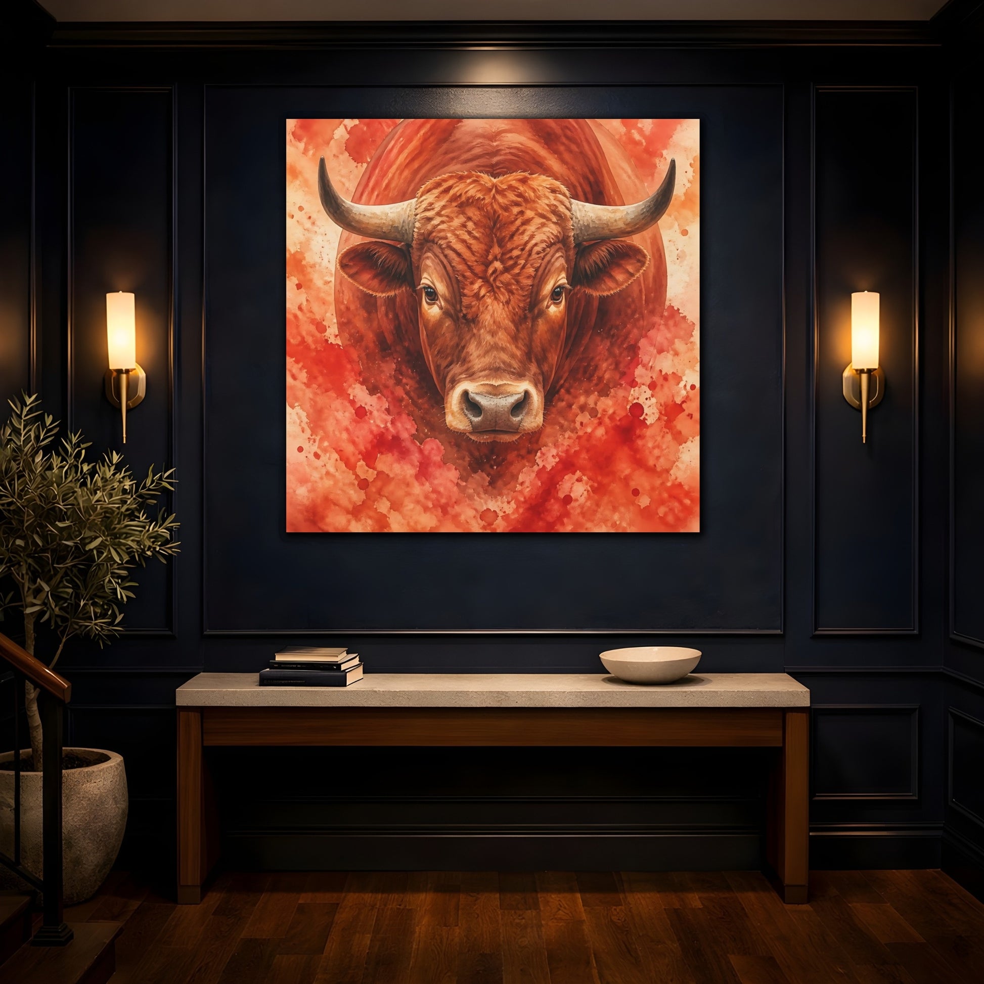 Mockup 4. Animal Rust Red Bull Portrait shown as canvas print