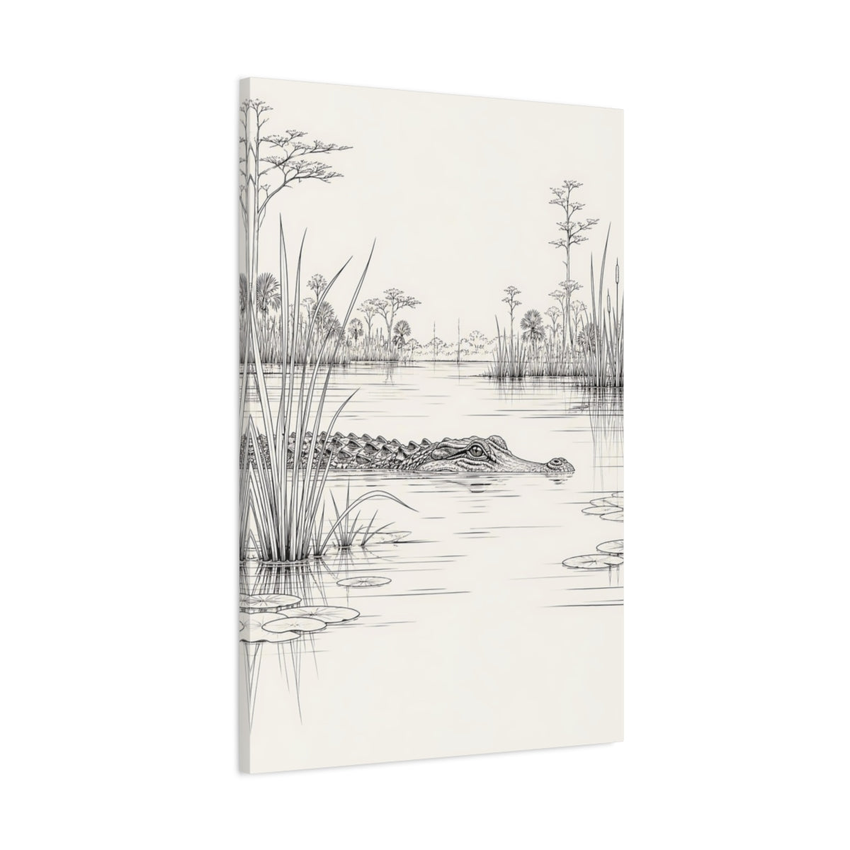 Main Mockup. Animals Alligator Black And White Wetland shown as stretched canvas wall art