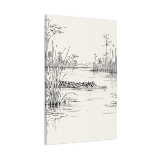 Main Mockup. Animals Alligator Black And White Wetland shown as stretched canvas wall art