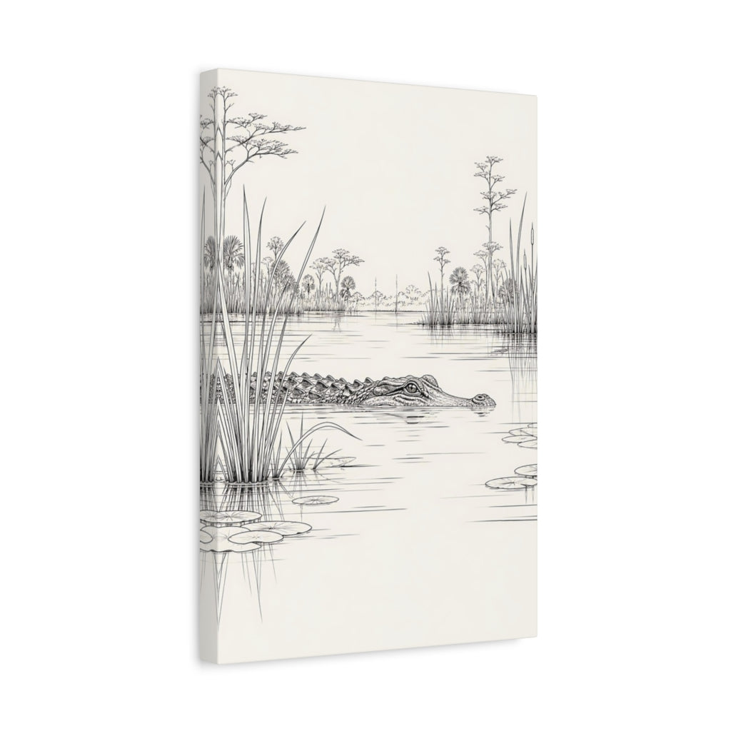 Side Mockup 4. Animals Alligator Black And White Wetland shown as stretched canvas wall art