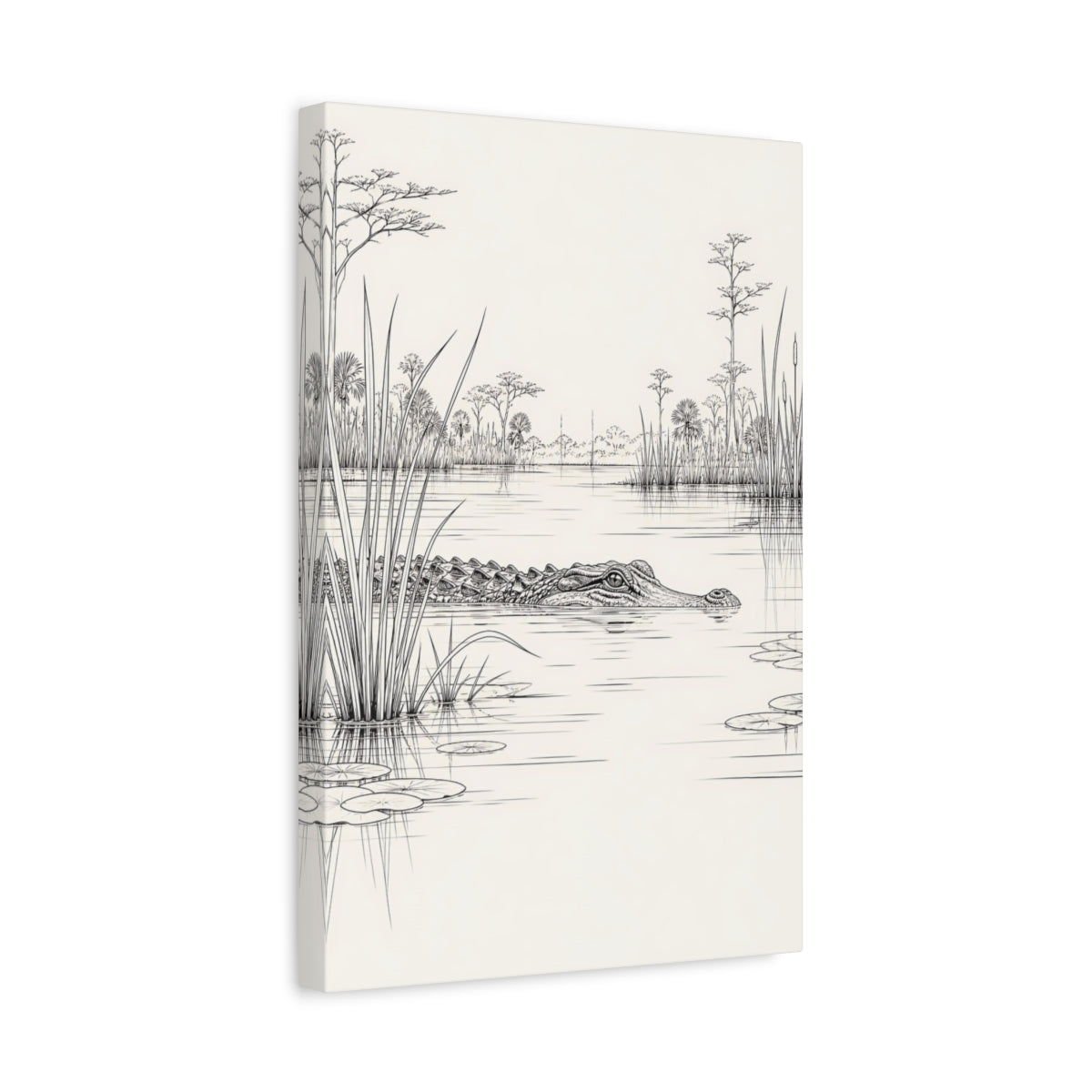 Side Mockup 4. Animals Alligator Black And White Wetland shown as stretched canvas wall art