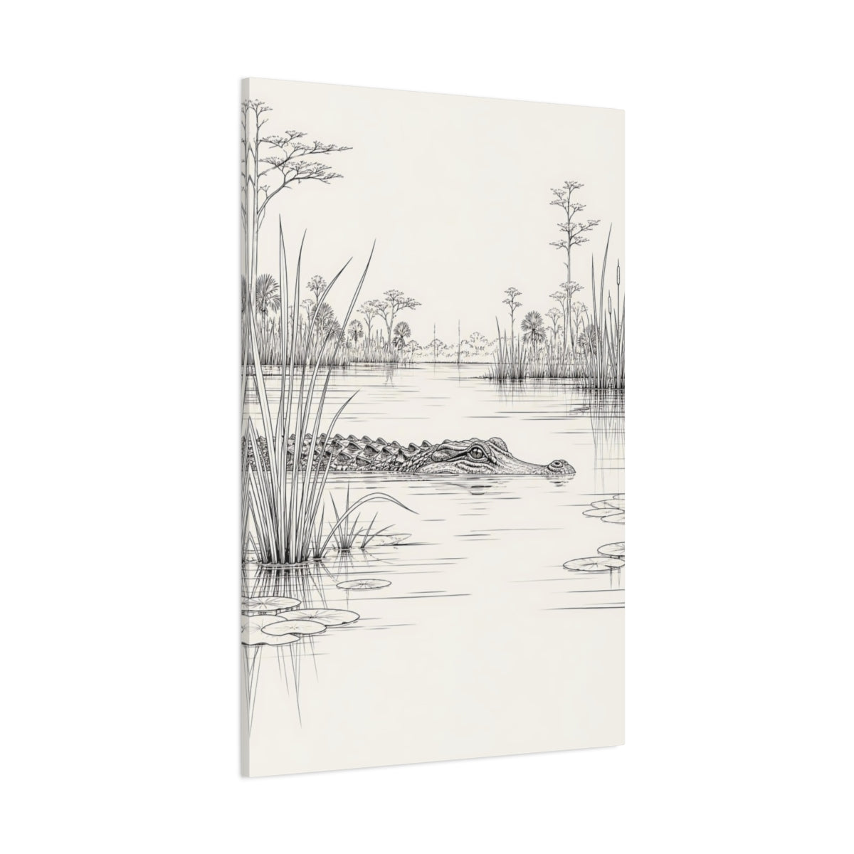 Side Mockup 1. Animals Alligator Black And White Wetland shown as stretched canvas wall art