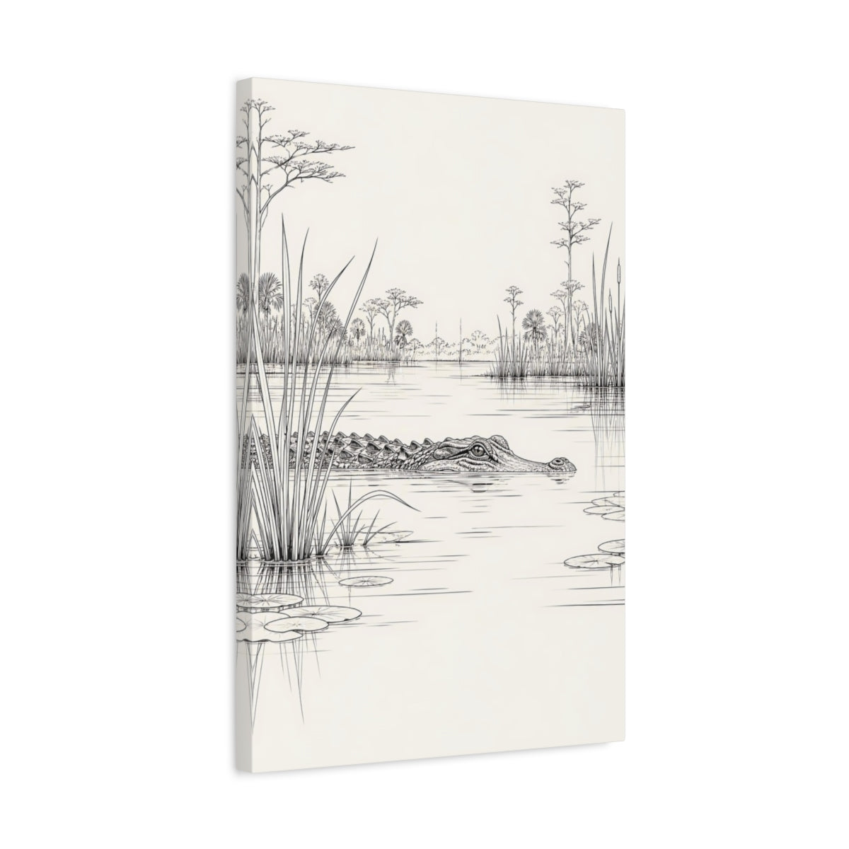 Side Mockup 3. Animals Alligator Black And White Wetland shown as stretched canvas wall art
