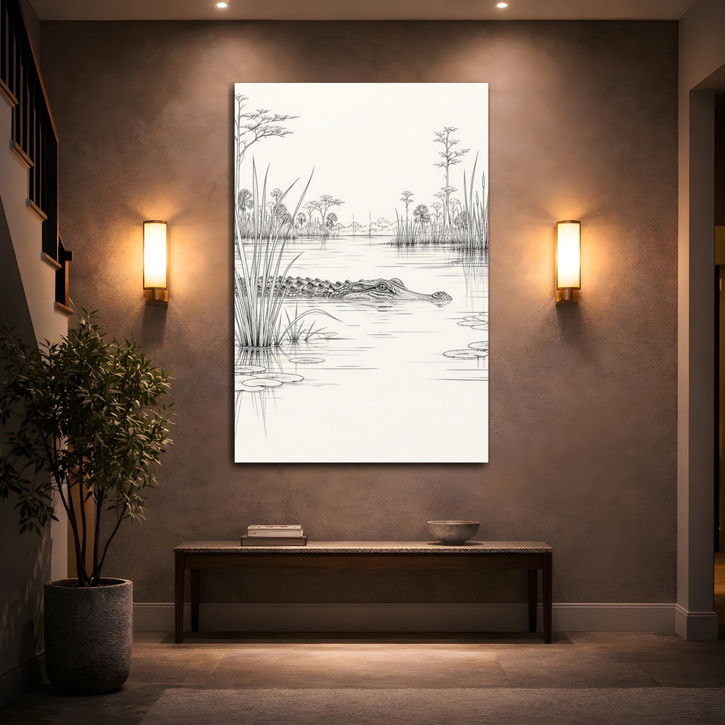 Mockup 2. Animals Alligator Black And White Wetland shown as stretched canvas wall art