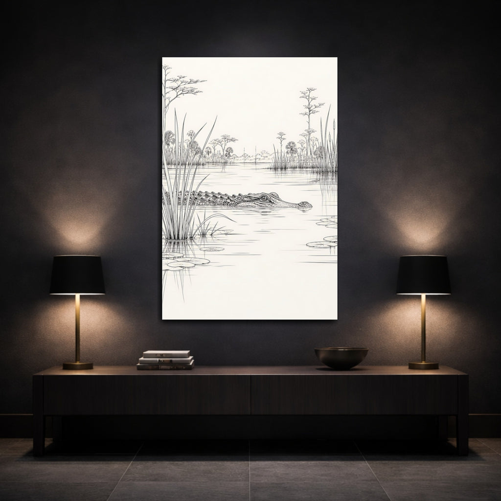 Mockup 3. Animals Alligator Black And White Wetland shown as stretched canvas wall art