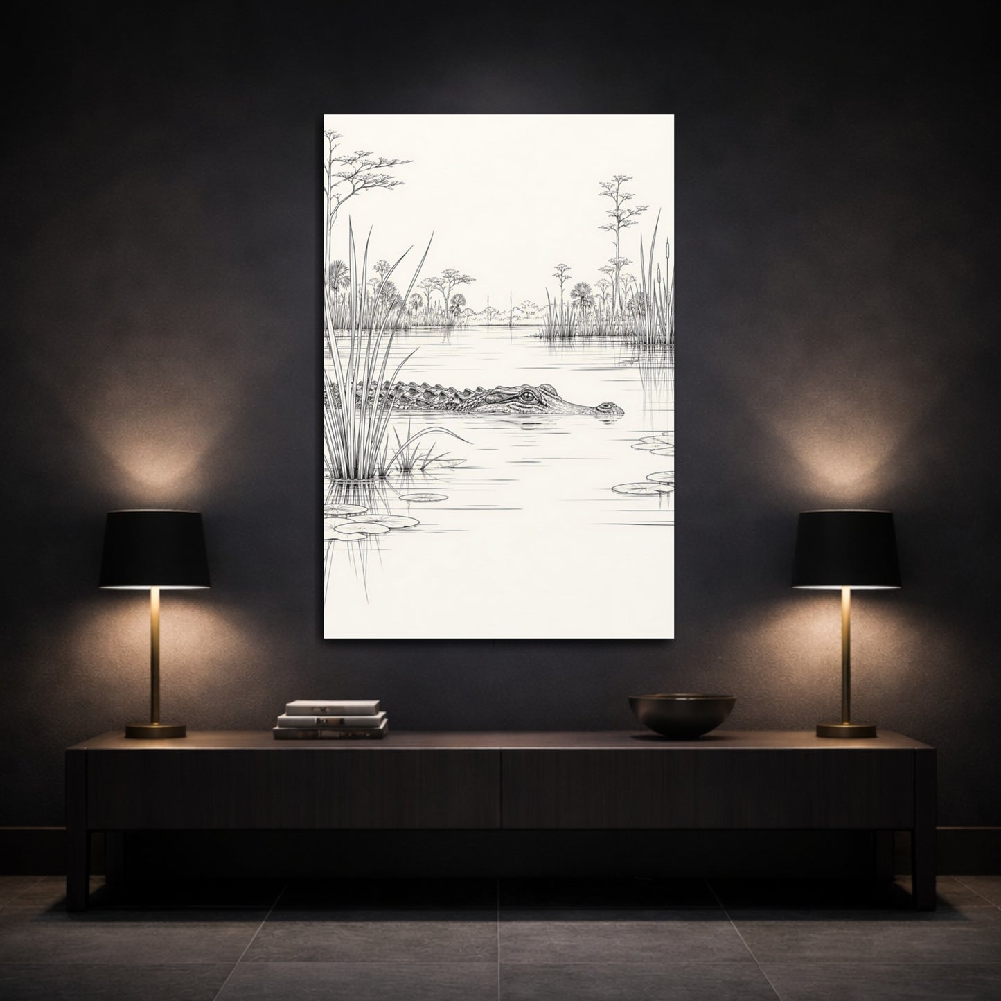 Mockup 3. Animals Alligator Black And White Wetland shown as stretched canvas wall art