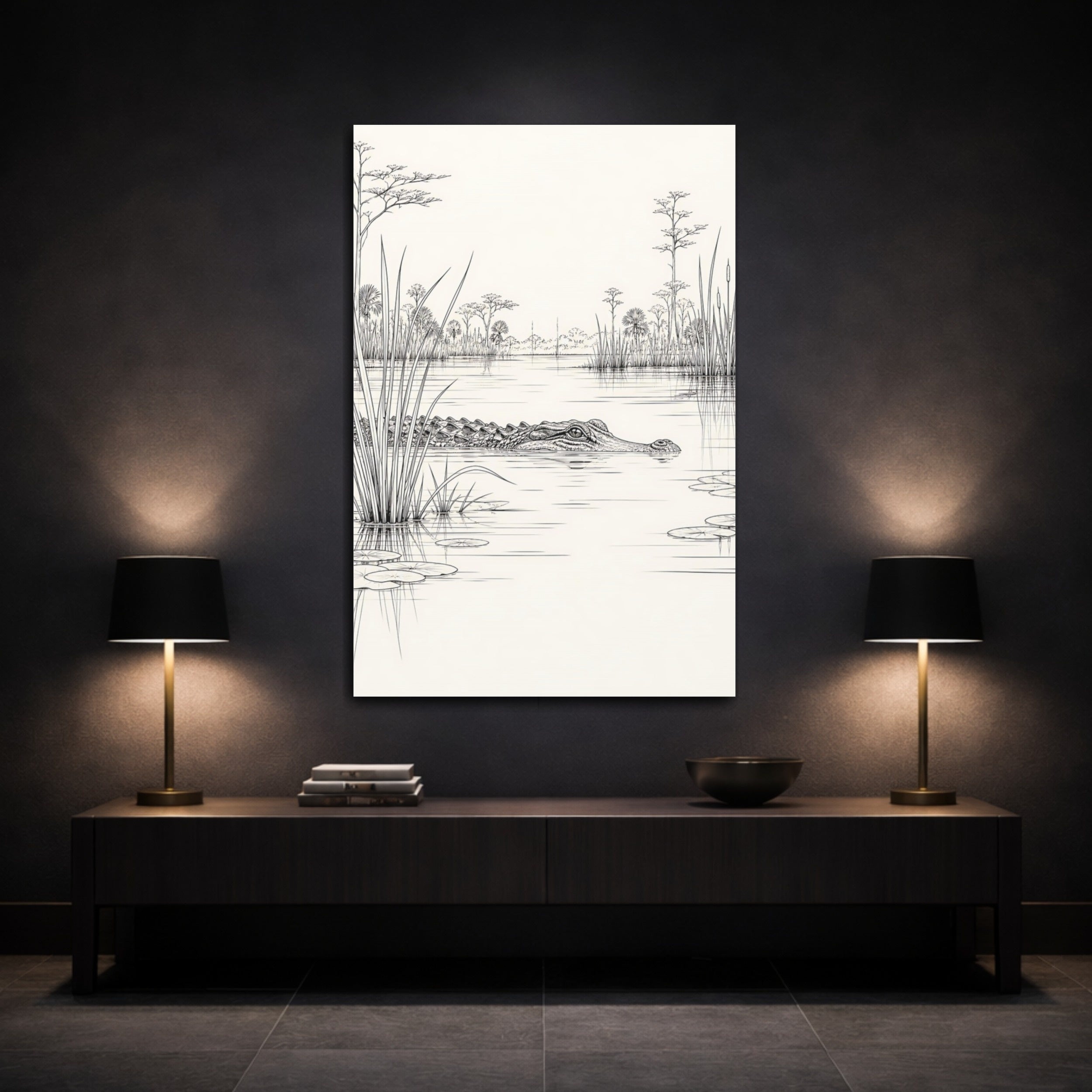 Mockup 3. Animals Alligator Black And White Wetland shown as stretched canvas wall art
