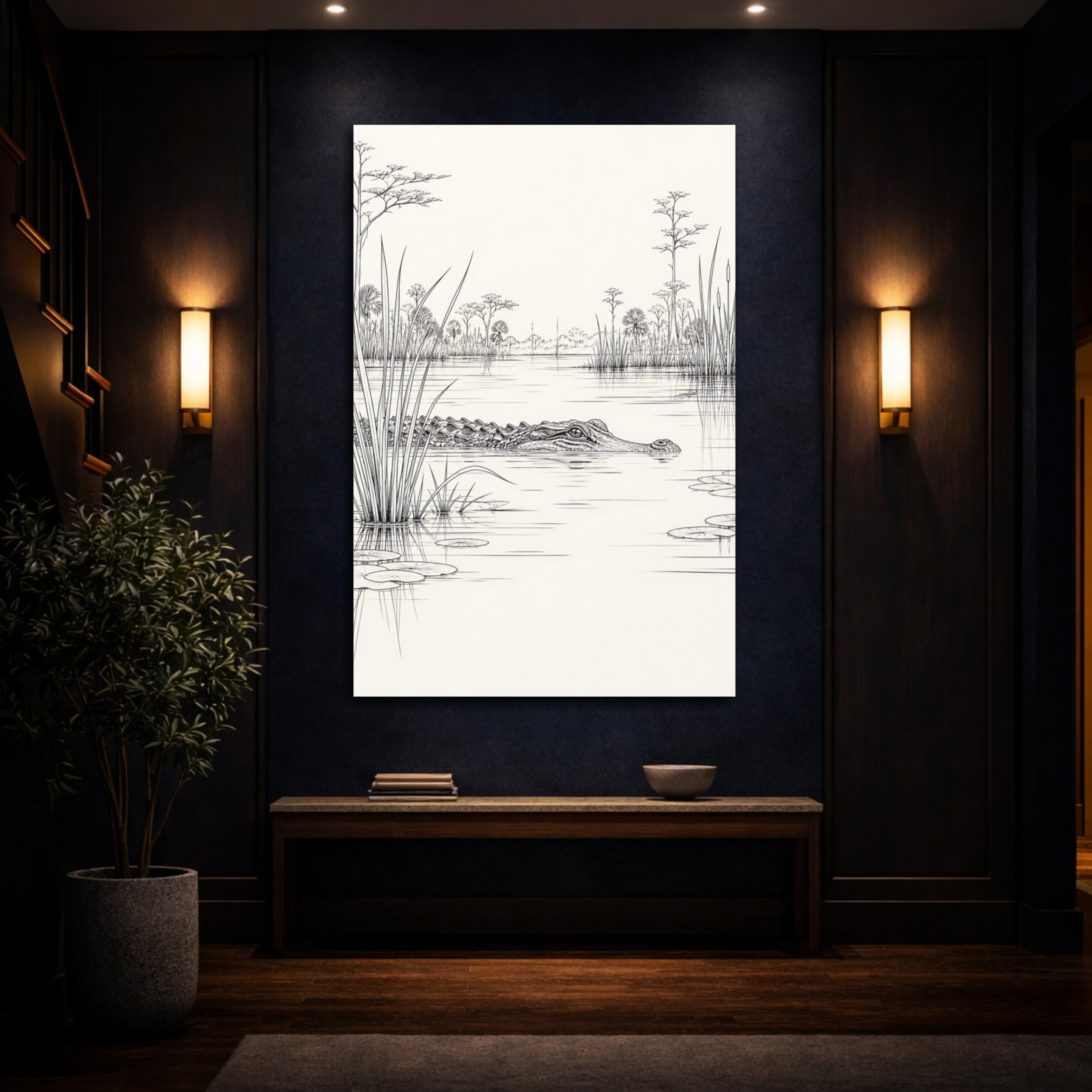 Mockup 4. Animals Alligator Black And White Wetland shown as stretched canvas wall art