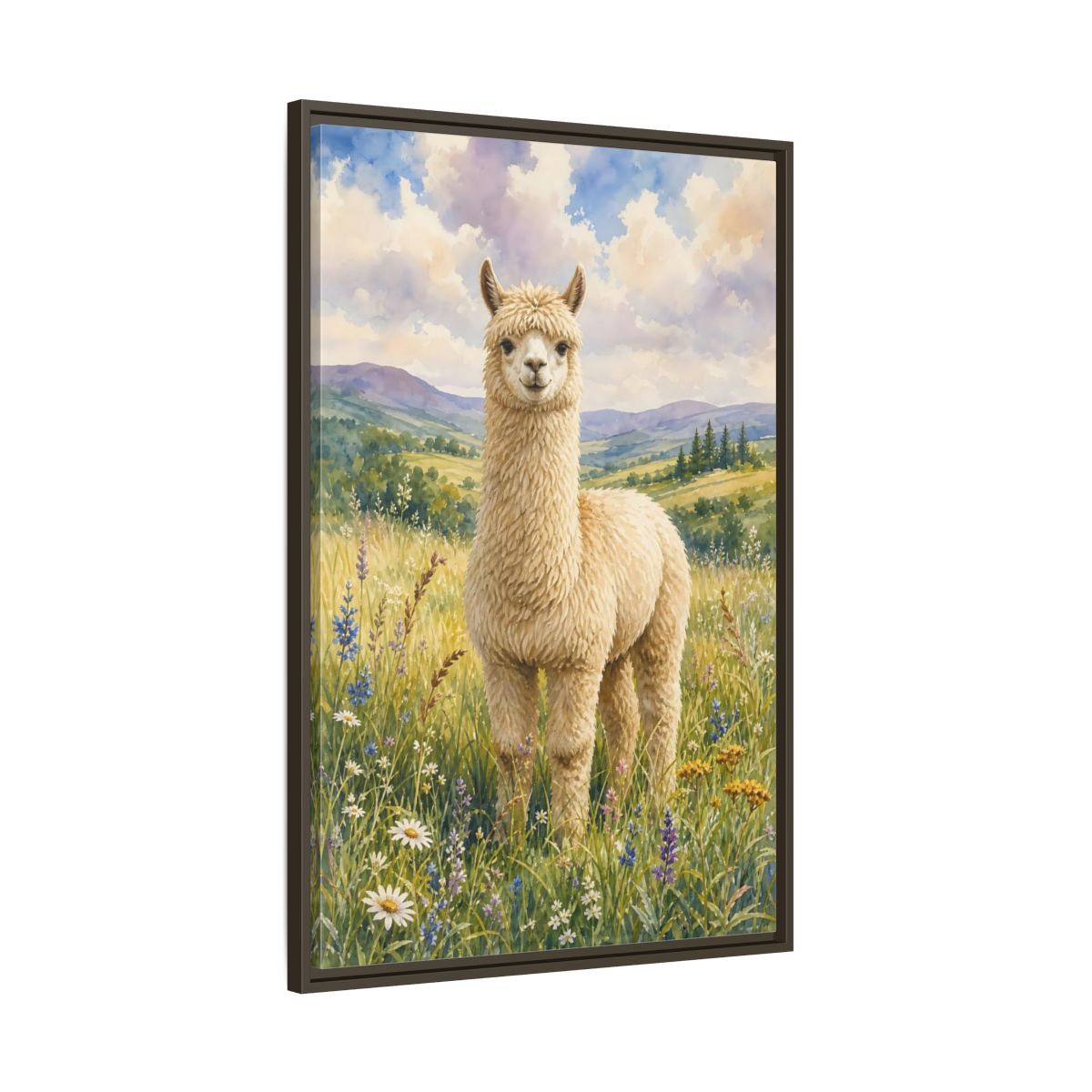 Main Mockup. Animals Alpaca Alpaca Watercolor shown as stretched canvas wall art