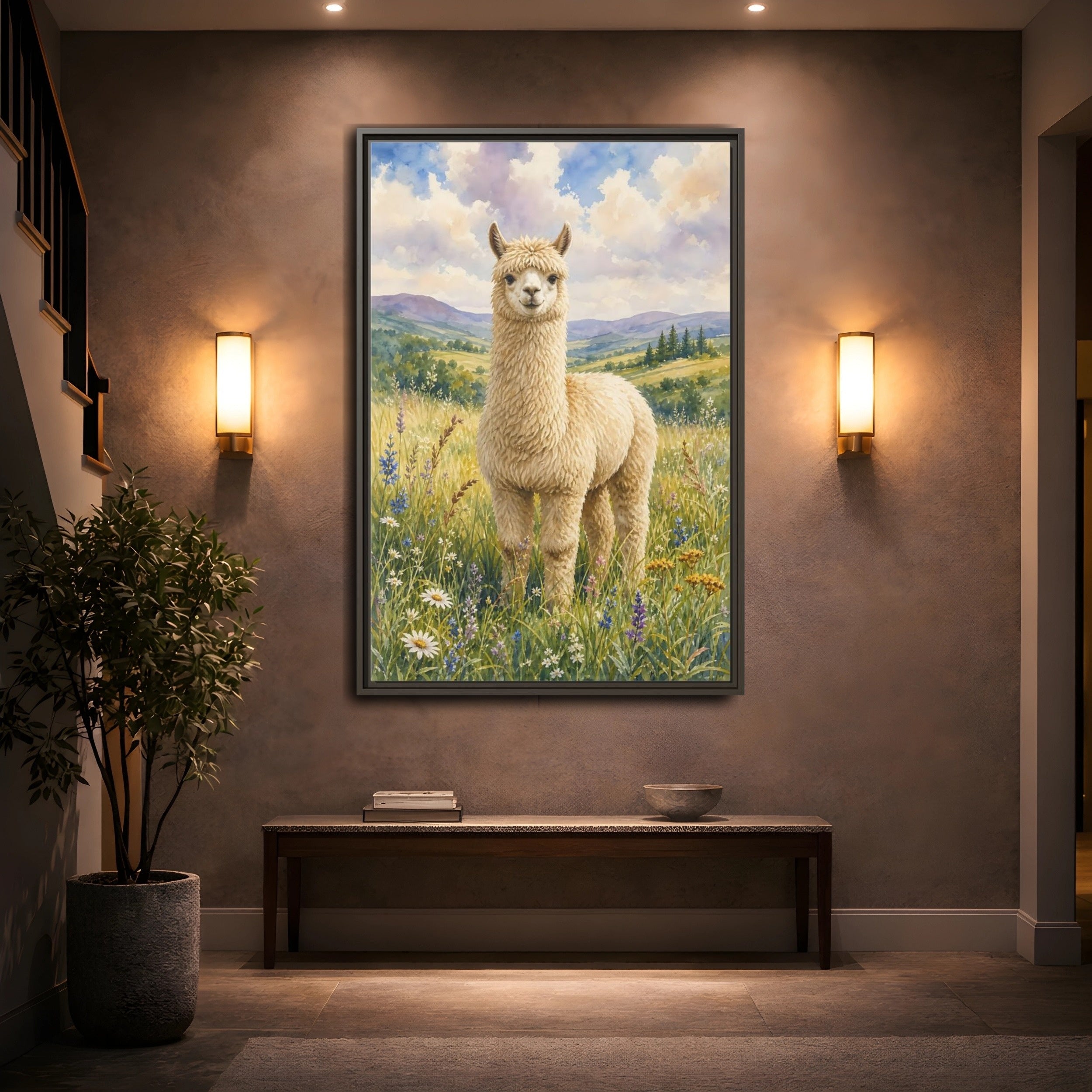 Mockup 2. Animals Alpaca Alpaca Watercolor shown as stretched canvas wall art