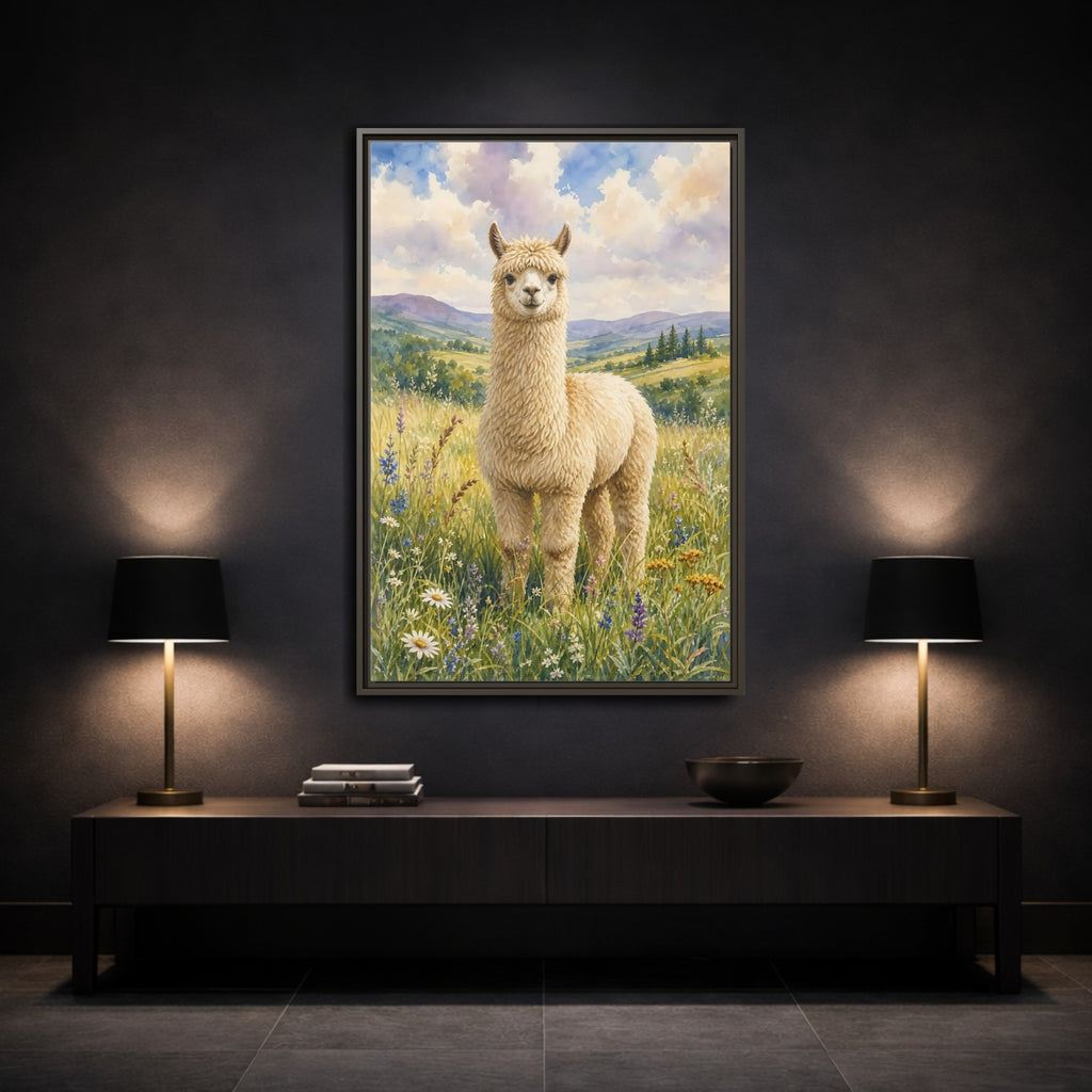 Mockup 3. Animals Alpaca Alpaca Watercolor shown as stretched canvas wall art