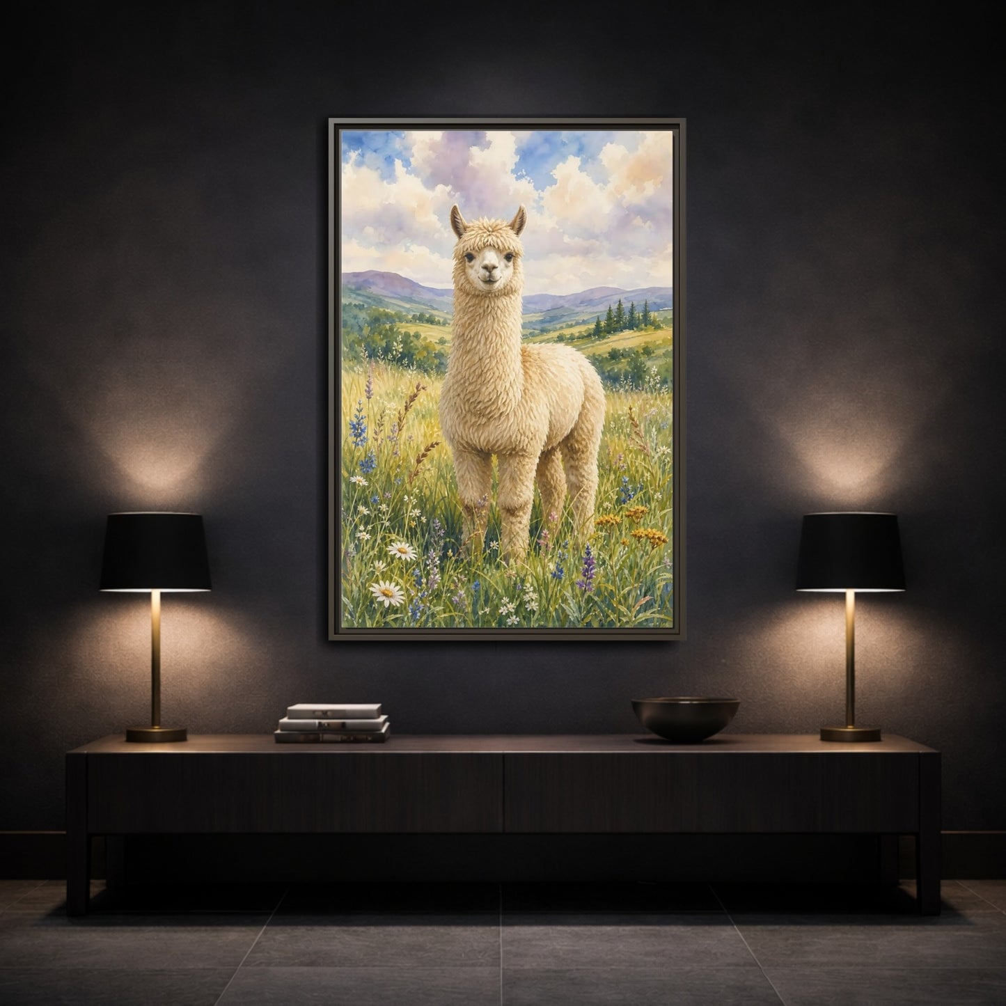 Mockup 3. Animals Alpaca Alpaca Watercolor shown as stretched canvas wall art