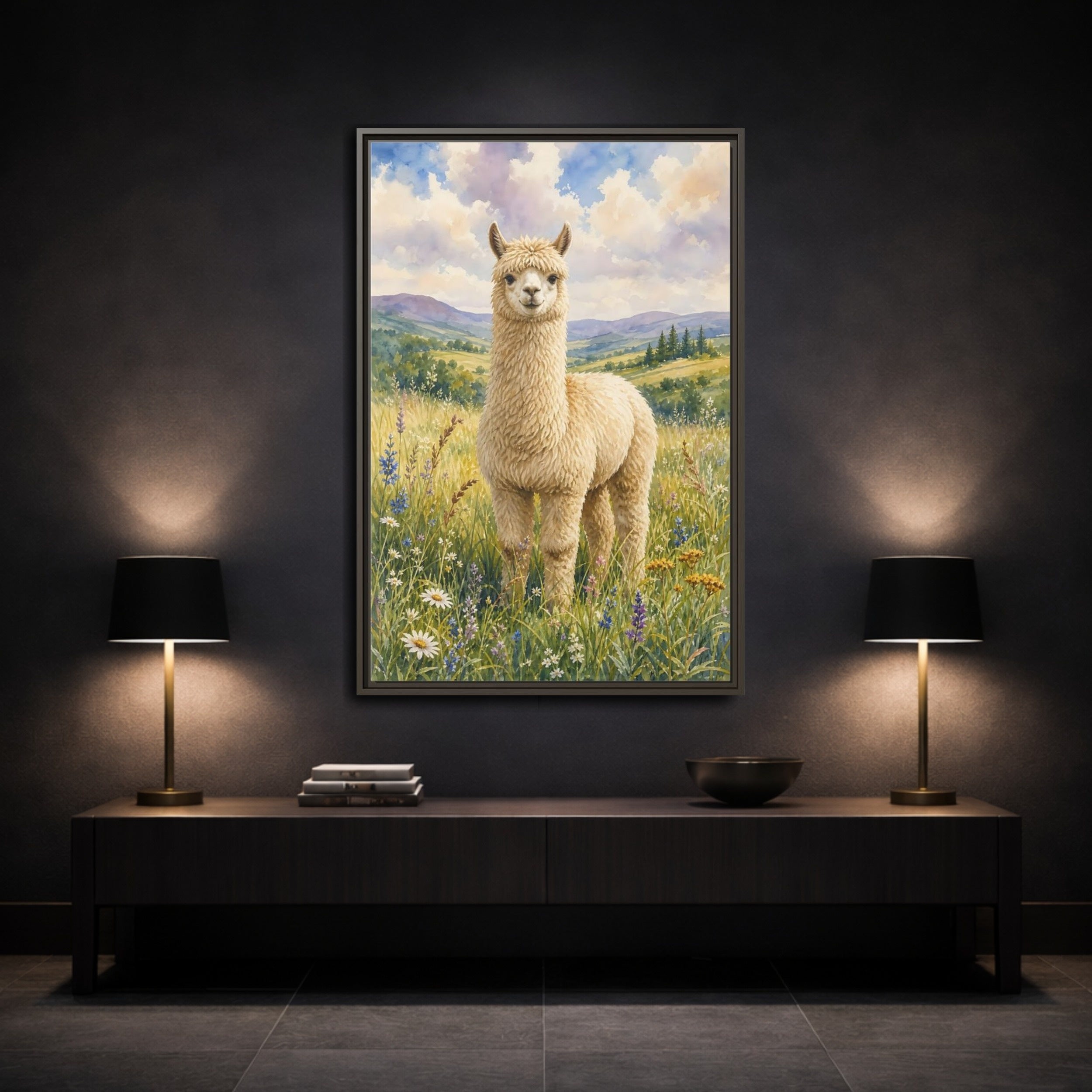 Mockup 3. Animals Alpaca Alpaca Watercolor shown as stretched canvas wall art