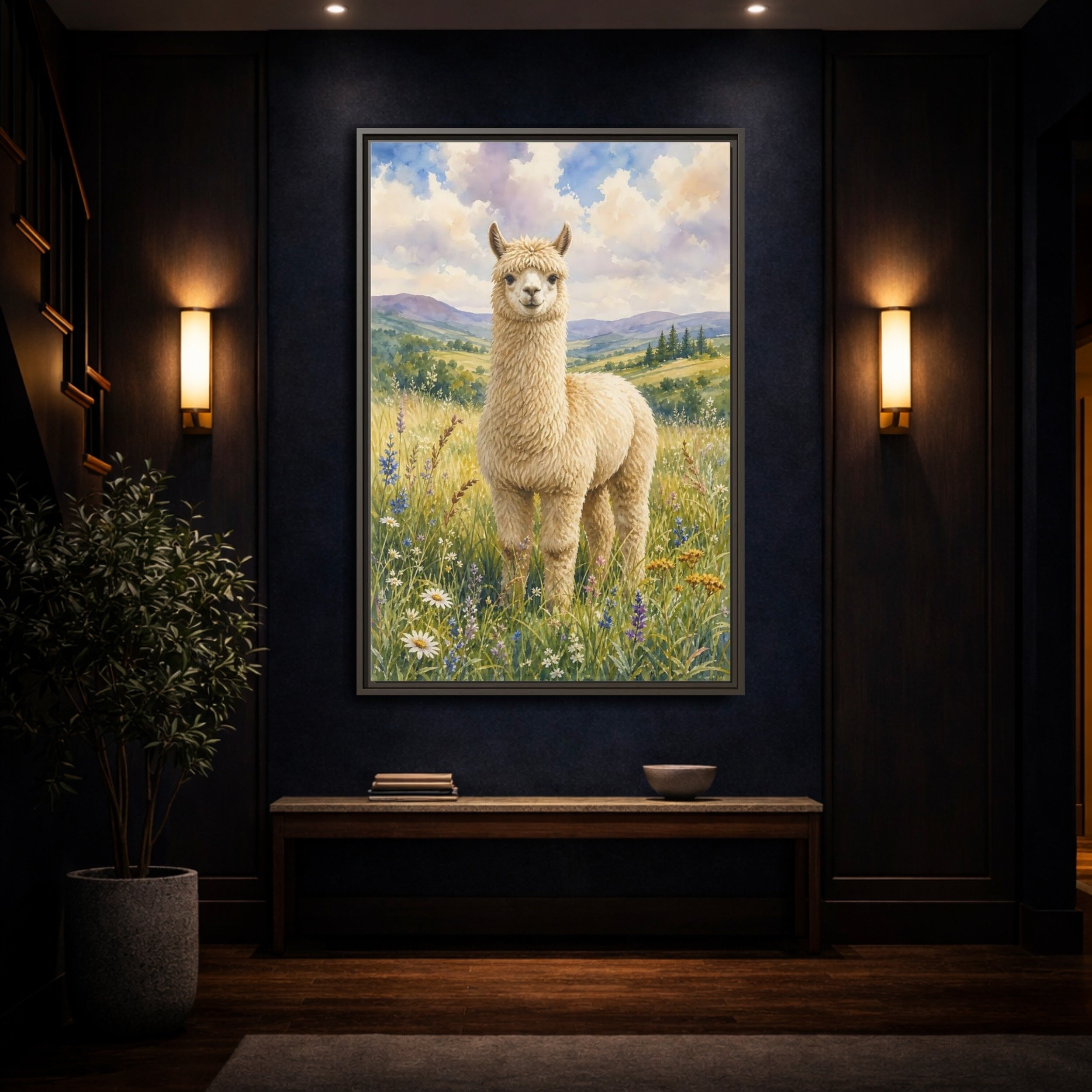 Mockup 4. Animals Alpaca Alpaca Watercolor shown as stretched canvas wall art