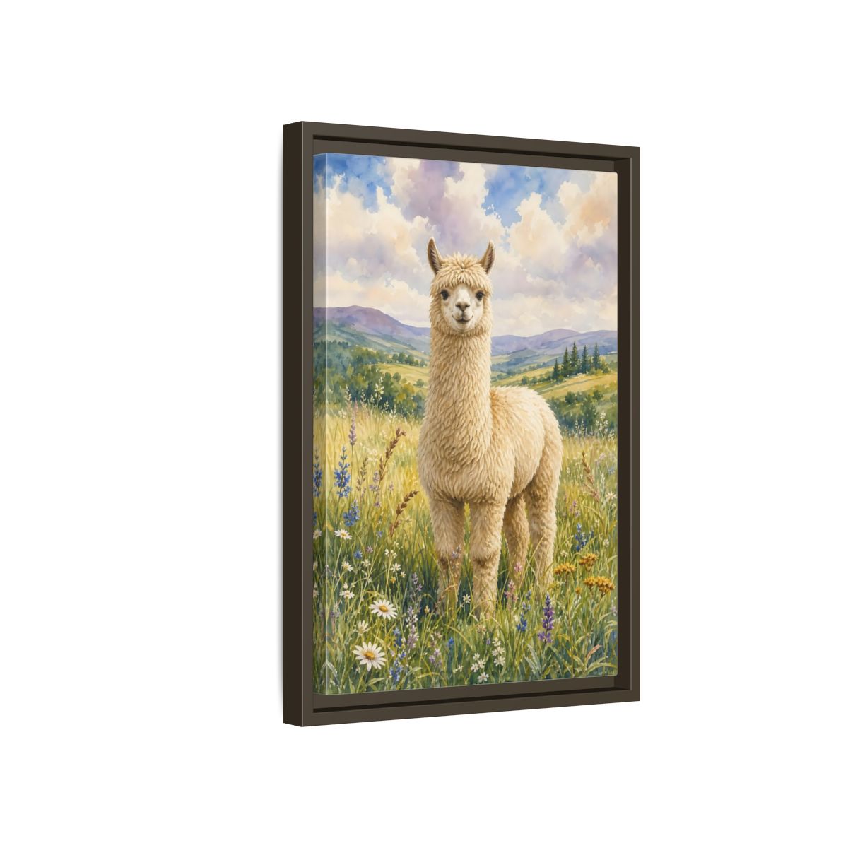 Side Mockup 5. Animals Alpaca Alpaca Watercolor shown as stretched canvas wall art