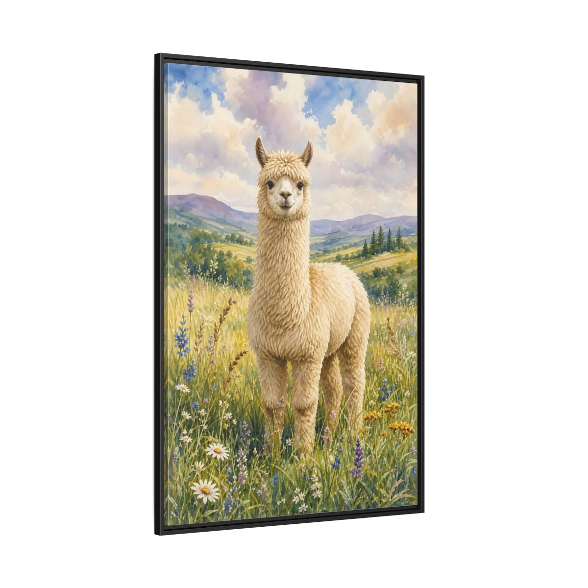 Side Mockup 12. Animals Alpaca Alpaca Watercolor shown as stretched canvas wall art