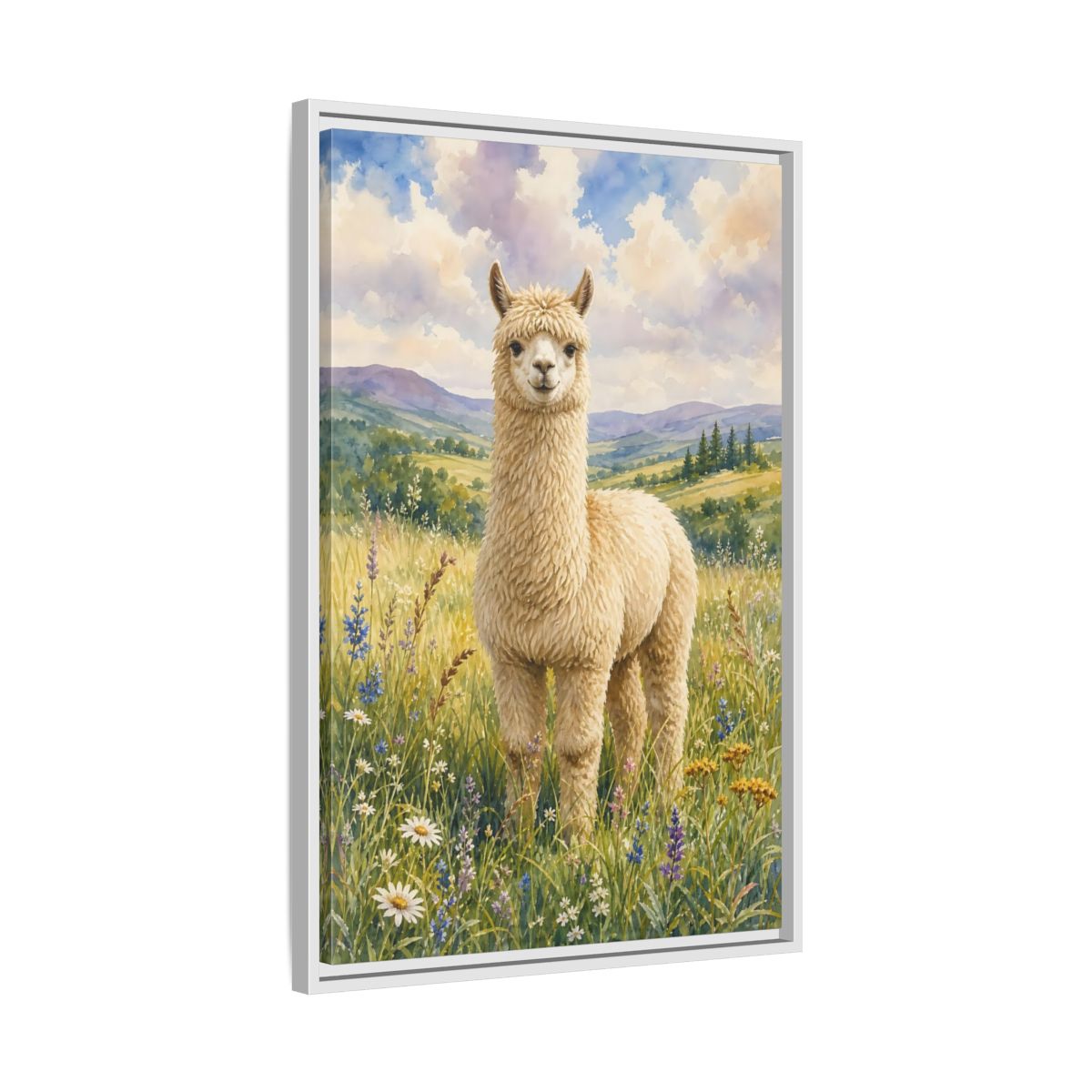 Side Mockup 10. Animals Alpaca Alpaca Watercolor shown as stretched canvas wall art