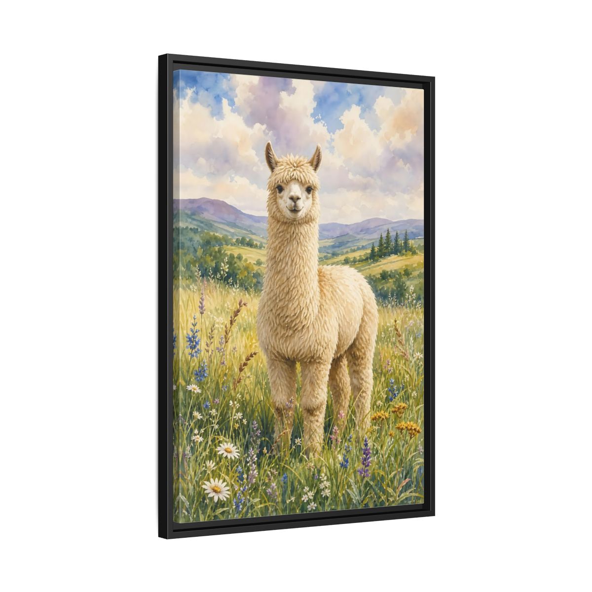 Side Mockup 14. Animals Alpaca Alpaca Watercolor shown as stretched canvas wall art