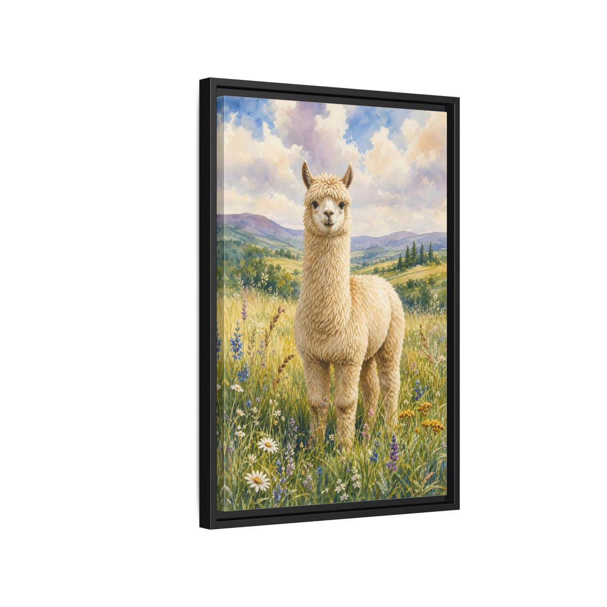 Side Mockup 3. Animals Alpaca Alpaca Watercolor shown as stretched canvas wall art