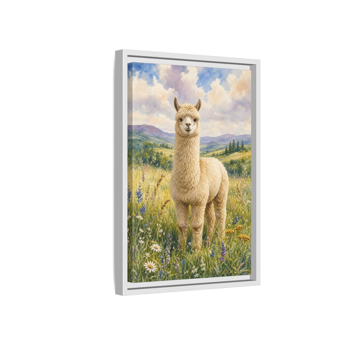 Side Mockup 4. Animals Alpaca Alpaca Watercolor shown as stretched canvas wall art