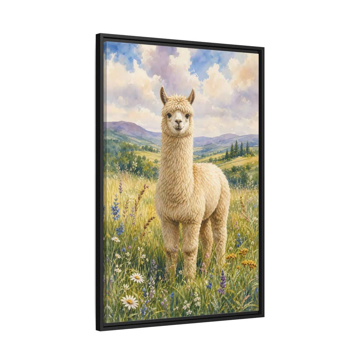 Side Mockup 13. Animals Alpaca Alpaca Watercolor shown as stretched canvas wall art