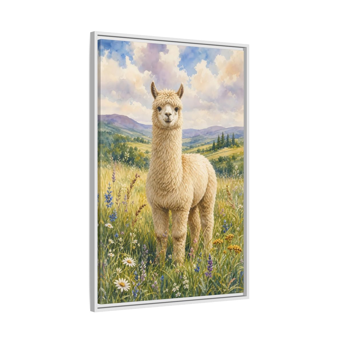 Side Mockup 9. Animals Alpaca Alpaca Watercolor shown as stretched canvas wall art
