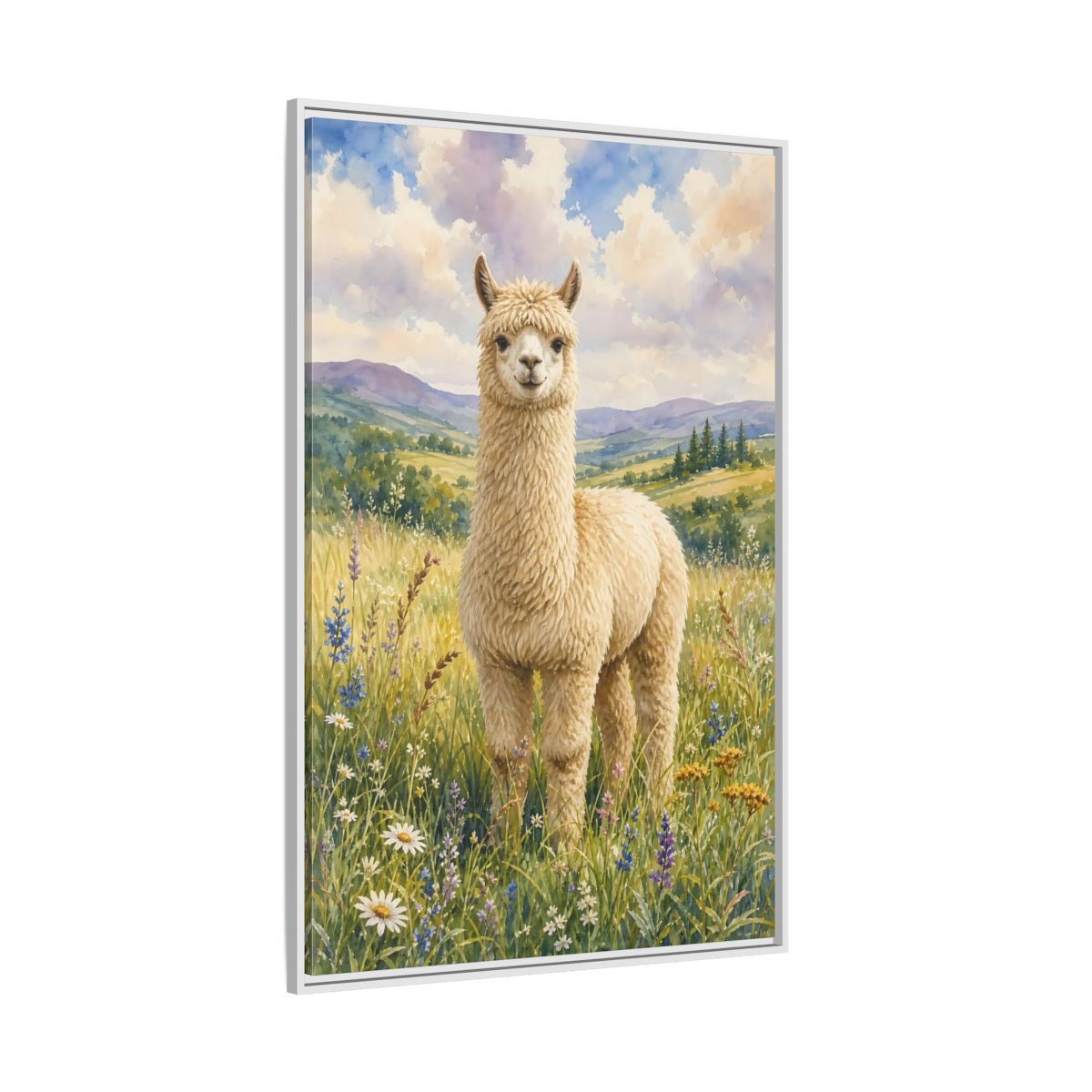 Side Mockup 7. Animals Alpaca Alpaca Watercolor shown as stretched canvas wall art